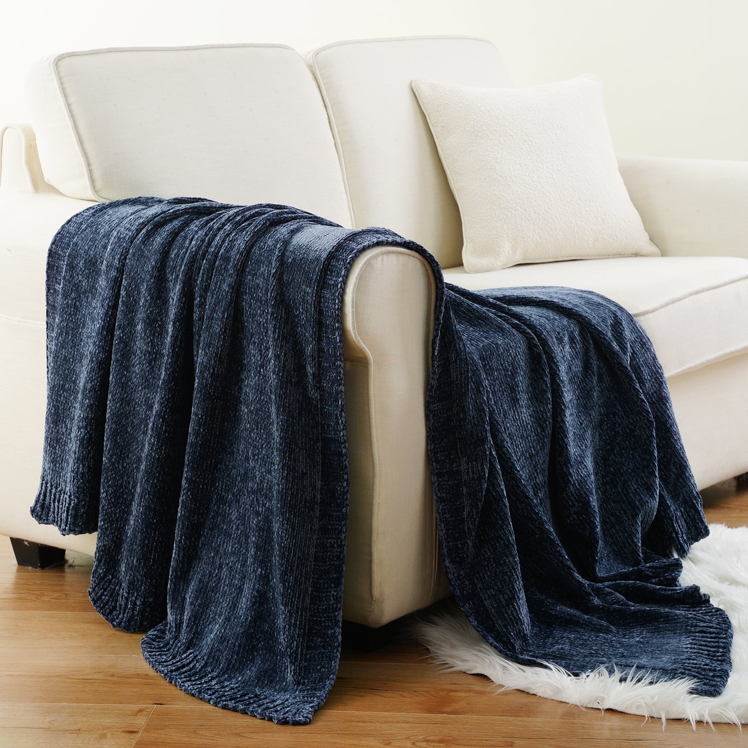 Decorative Knitted Navy Blue Chenille Throw for Couch Bed,Soft Navy Knit Blanket, Housewarming Gifts, 51"x 67" - Super Soft Reversible Sherpa Flannel Blanket Detail