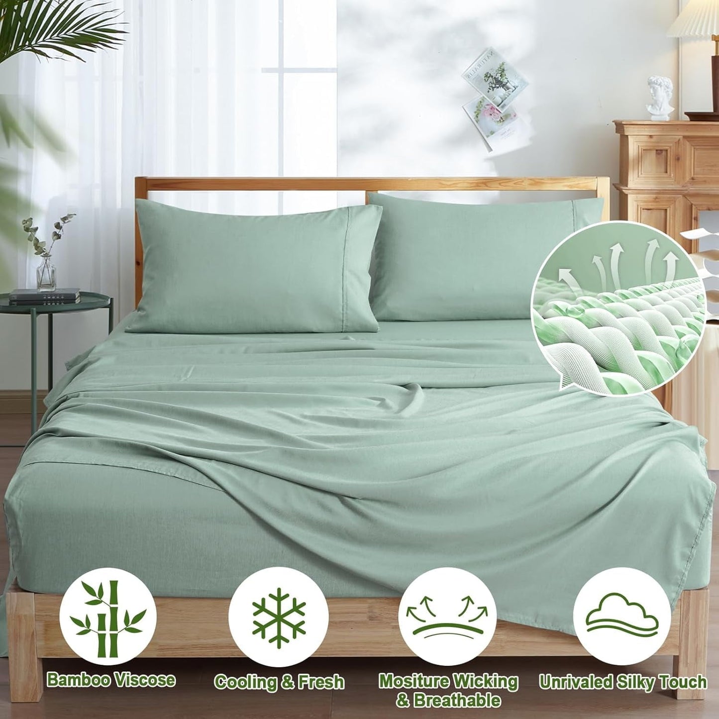 Cooling Sateen Bamboo Bed Sheet Sets, 4 Pieces King Silky Soft Bedding Sheets, 1800 Thread Count 16 Inch Deep Pockets, Sage Green - Premium Ultra-Soft Pillowcase Pair for Sleeping Detail