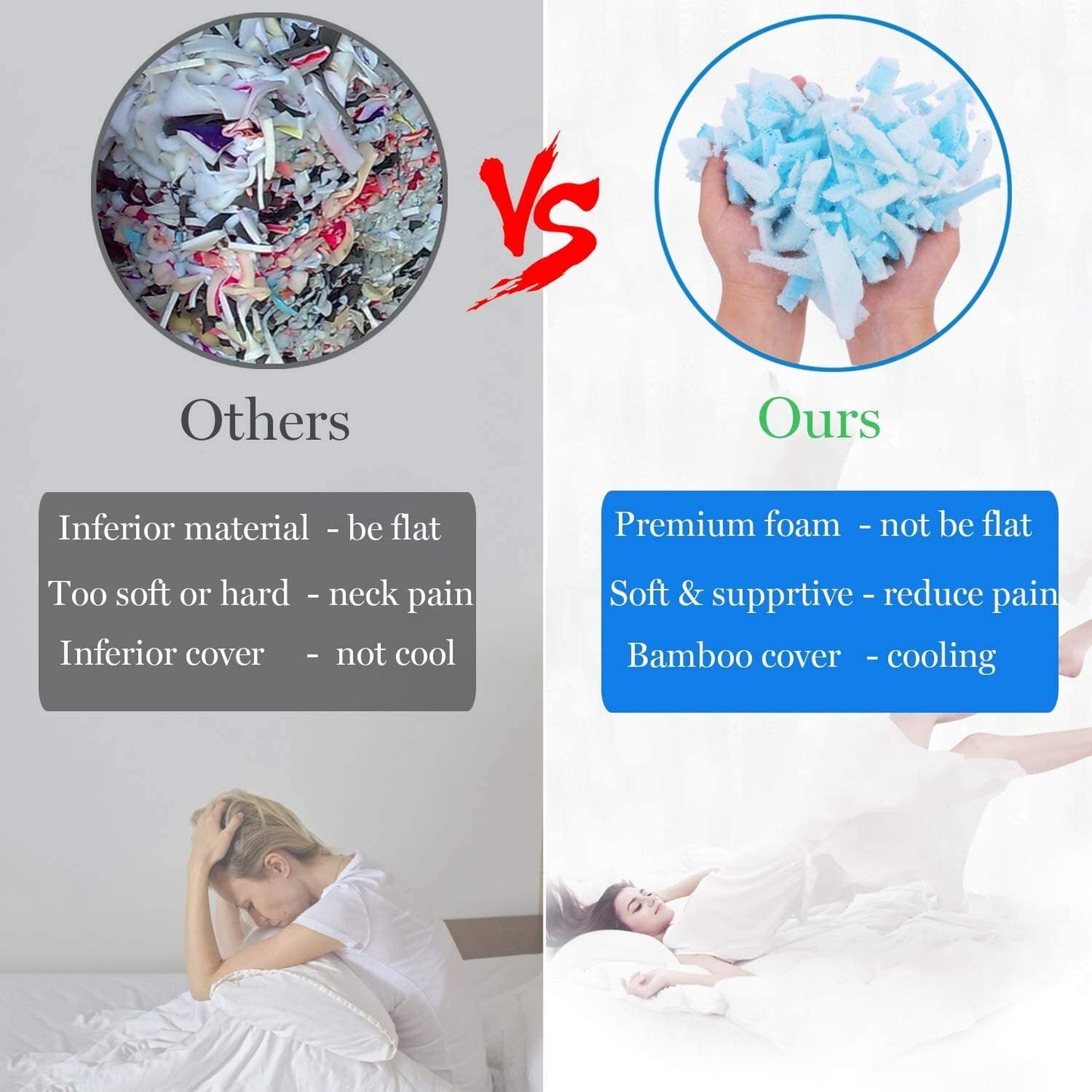 Orthopedic Support Cooling Bed Pillows Queen Size Set of 2, Shredded Memory Foam Pillows for Sleeping 2 Pack, Adjustable Soft Firm Pillo... - Orthopedic Shredded Foam Bed Pillow Set Detail
