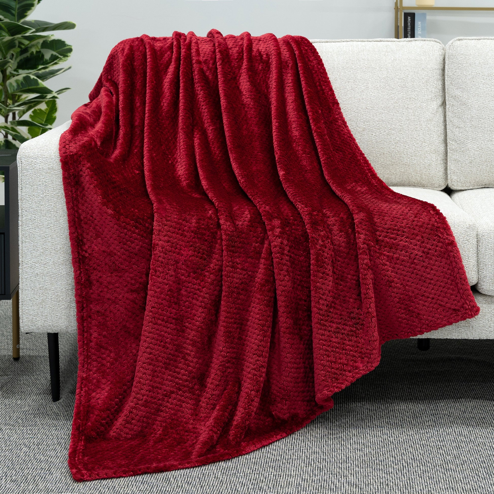 Super Soft Flannel Maroon Red Throw Blanket for Couch, Twin Bed, Soft Fleece Throws for Sofa Chair, Fuzzy Waffle Textured Blanket, Cozy ... - Lightweight Plush Warm Blanket for All Seasons Detail