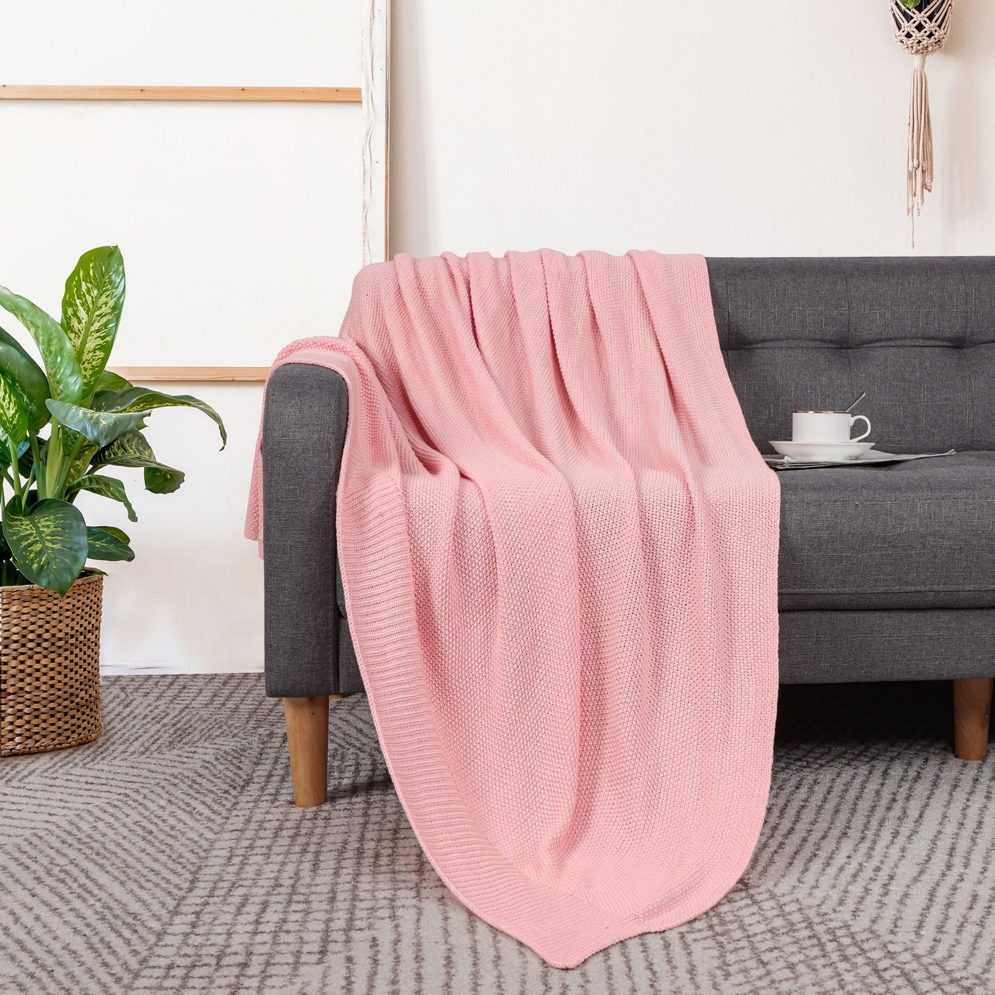 Reversible Sherpa Pure Cotton Soft Cable Knit Throw Blanket Pink 50" x 70" - Luxury Knitted Decorative Throw Blanket with Fringes Detail