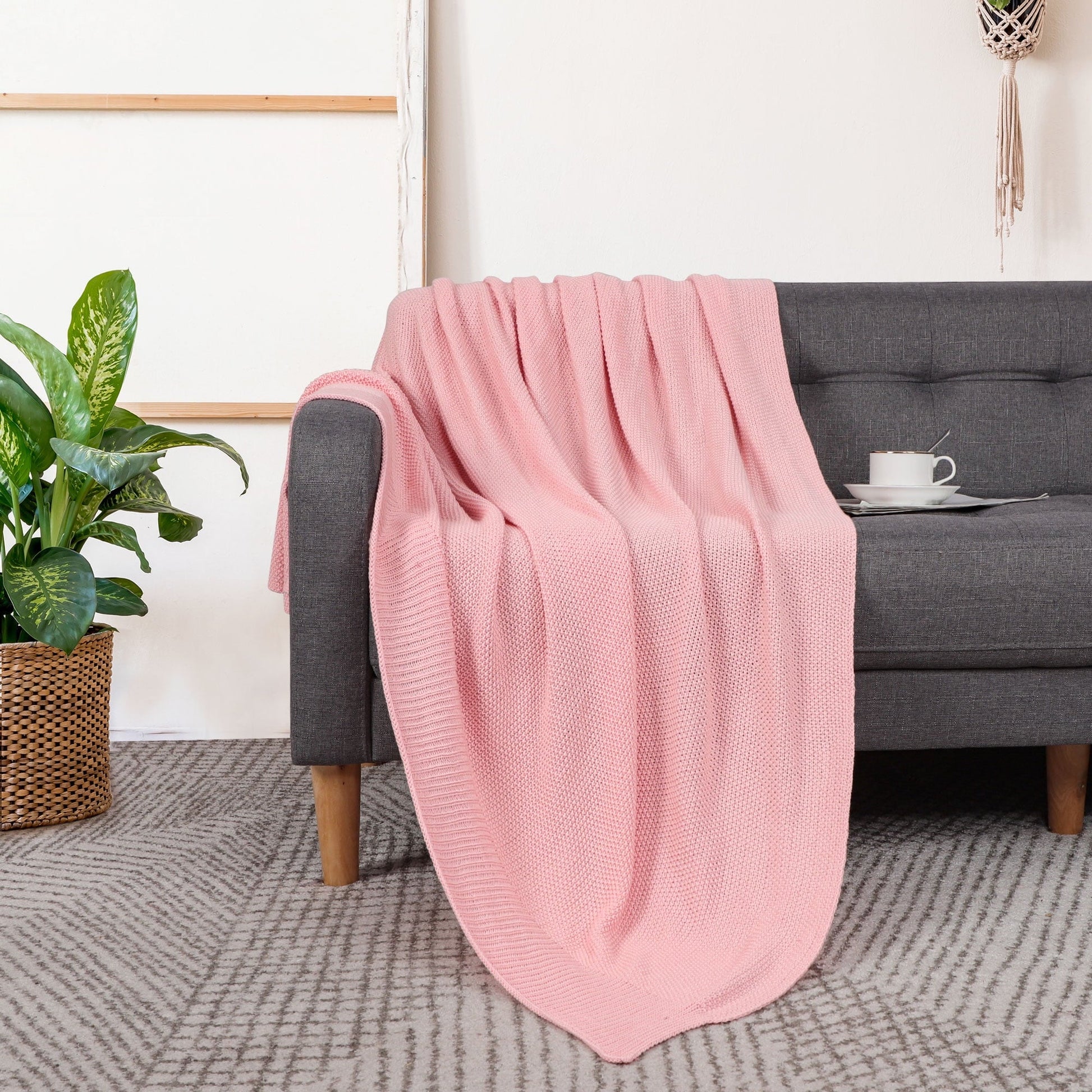 Reversible Sherpa Pure Cotton Soft Cable Knit Throw Blanket Pink 50" x 70" - Luxury Knitted Decorative Throw Blanket with Fringes Detail