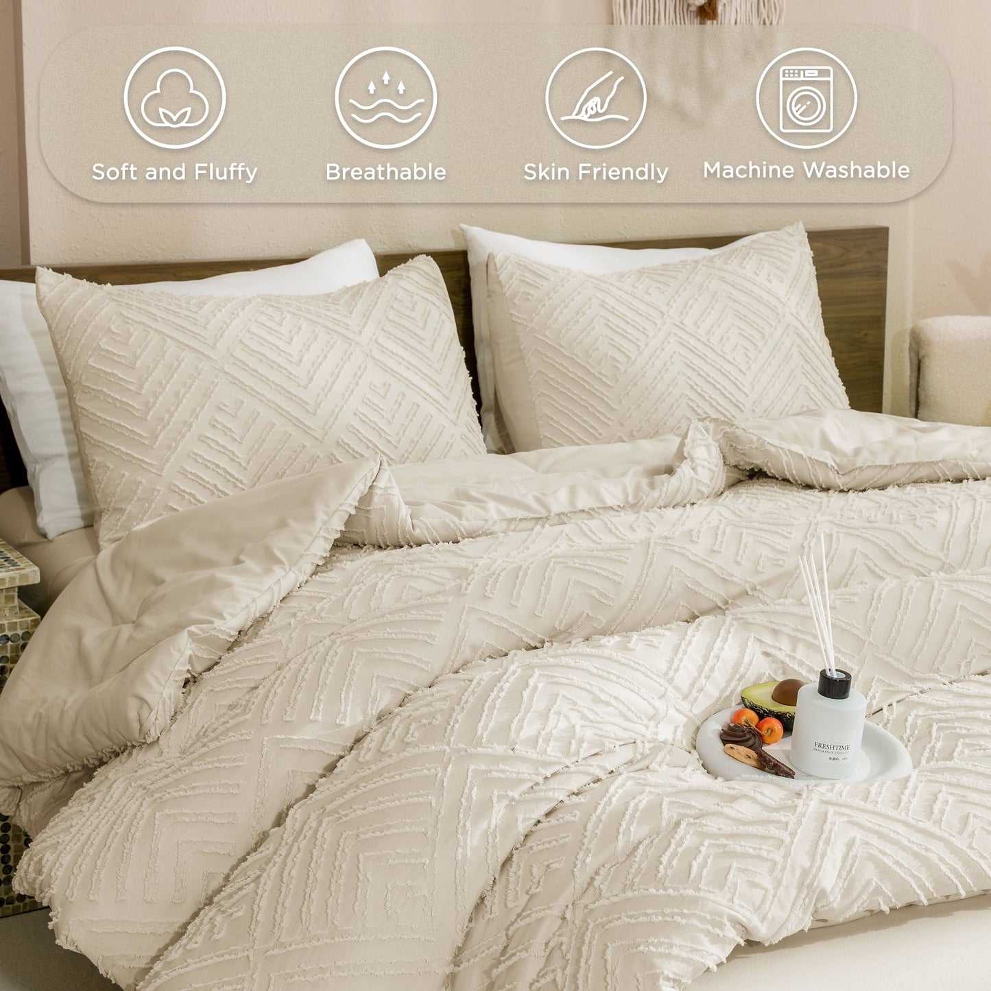 Heavyweight Warmth King Size Comforter Sets Beige - 3 Pieces Cream Boho Bedding Comforter Set for King Bed - Soft Fluffy Tufted Textured... - Hypoallergenic Ultra-Fluffy Quilt for Winter Detail