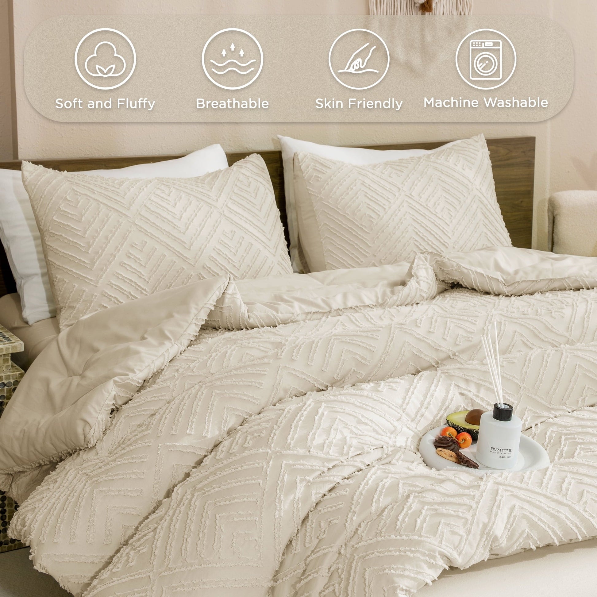 Heavyweight Warmth King Size Comforter Sets Beige - 3 Pieces Cream Boho Bedding Comforter Set for King Bed - Soft Fluffy Tufted Textured... - Hypoallergenic Ultra-Fluffy Quilt for Winter Detail