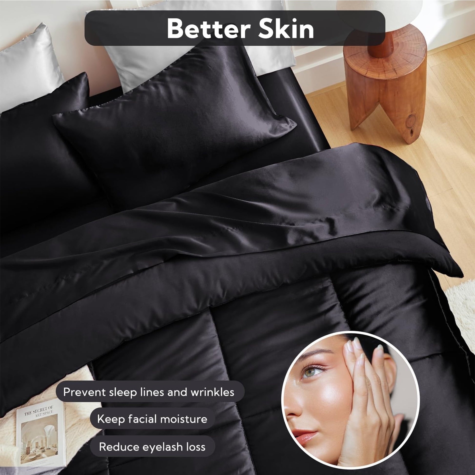 Luxurious Quilted Reversible Satin Microfiber Comforter 3 Pieces Queen Size, Black Queen Comforter Set for All Seasons, Silky Soft Sati... - Luxurious Quilted Duvet Cover Set Detail