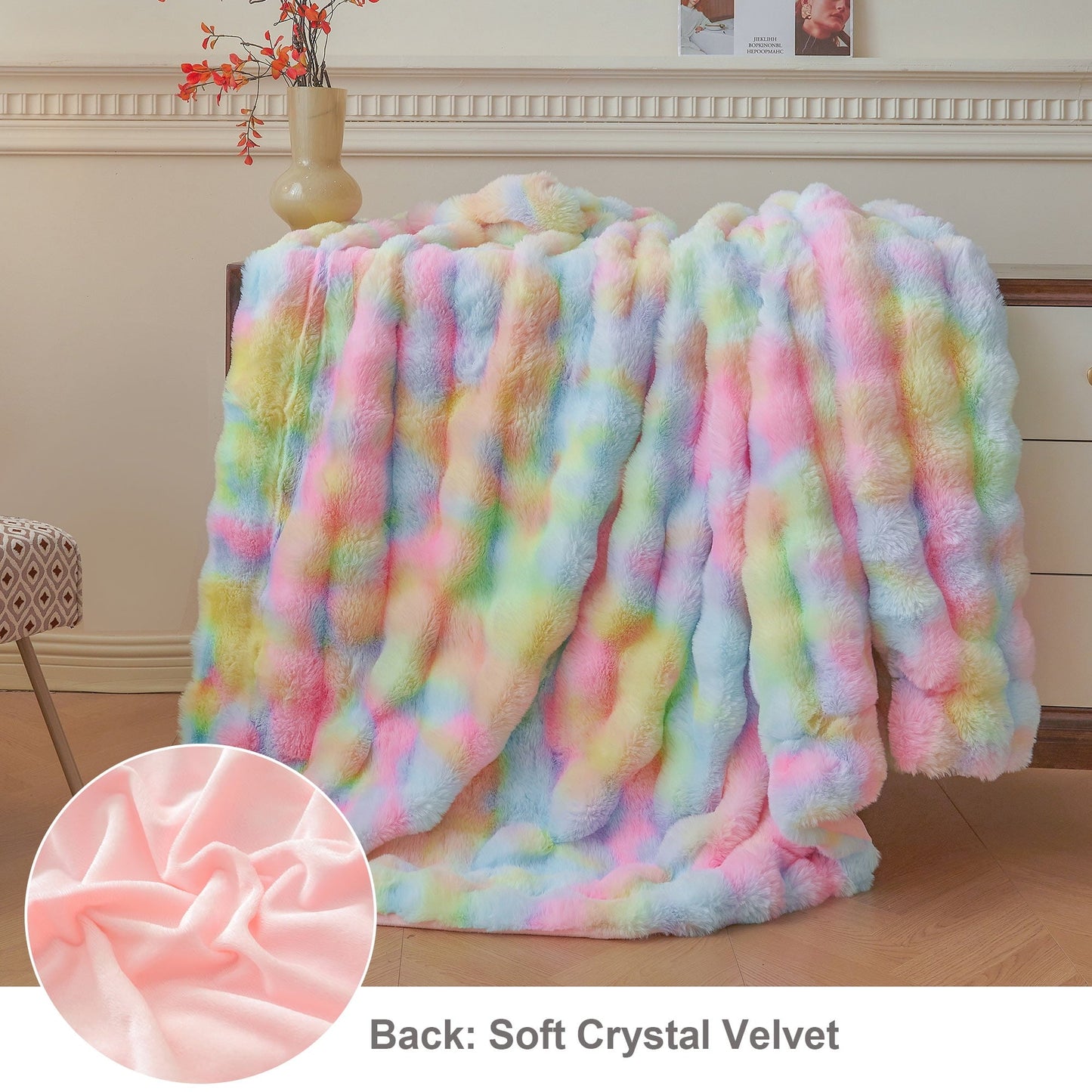 Super Soft Flannel Fluffy Faux Rabbit Fur Bubble Throw, Rainbow Plush Shaggy Blanket for Couch Sofa Chair, Soft Tie Dye Furry Blanket Ad... - Super Soft Reversible Sherpa Flannel Blanket Detail
