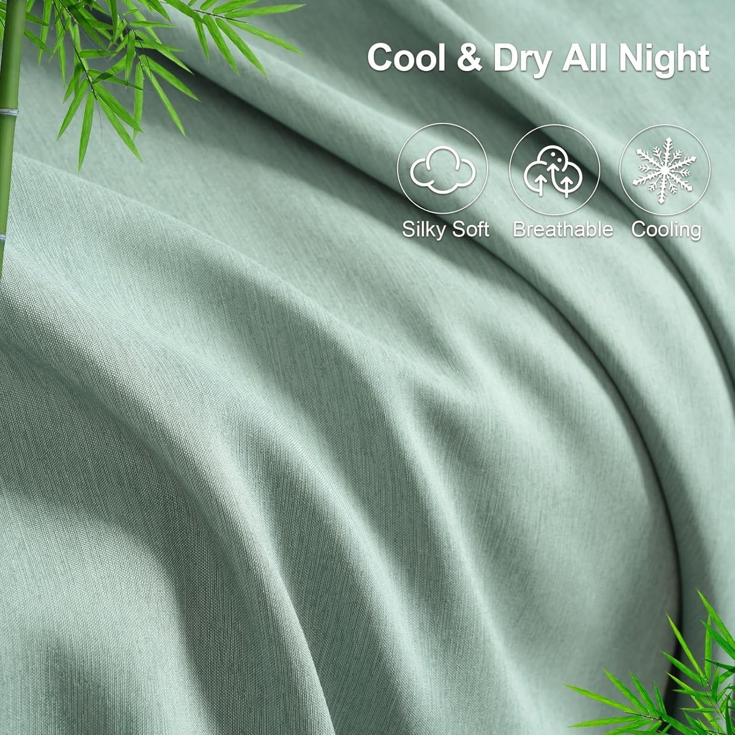 Cooling Sateen Bamboo Bed Sheet Sets, 4 Pieces King Silky Soft Bedding Sheets, 1800 Thread Count 16 Inch Deep Pockets, Sage Green - Premium Ultra-Soft Pillowcase Pair for Sleeping Detail
