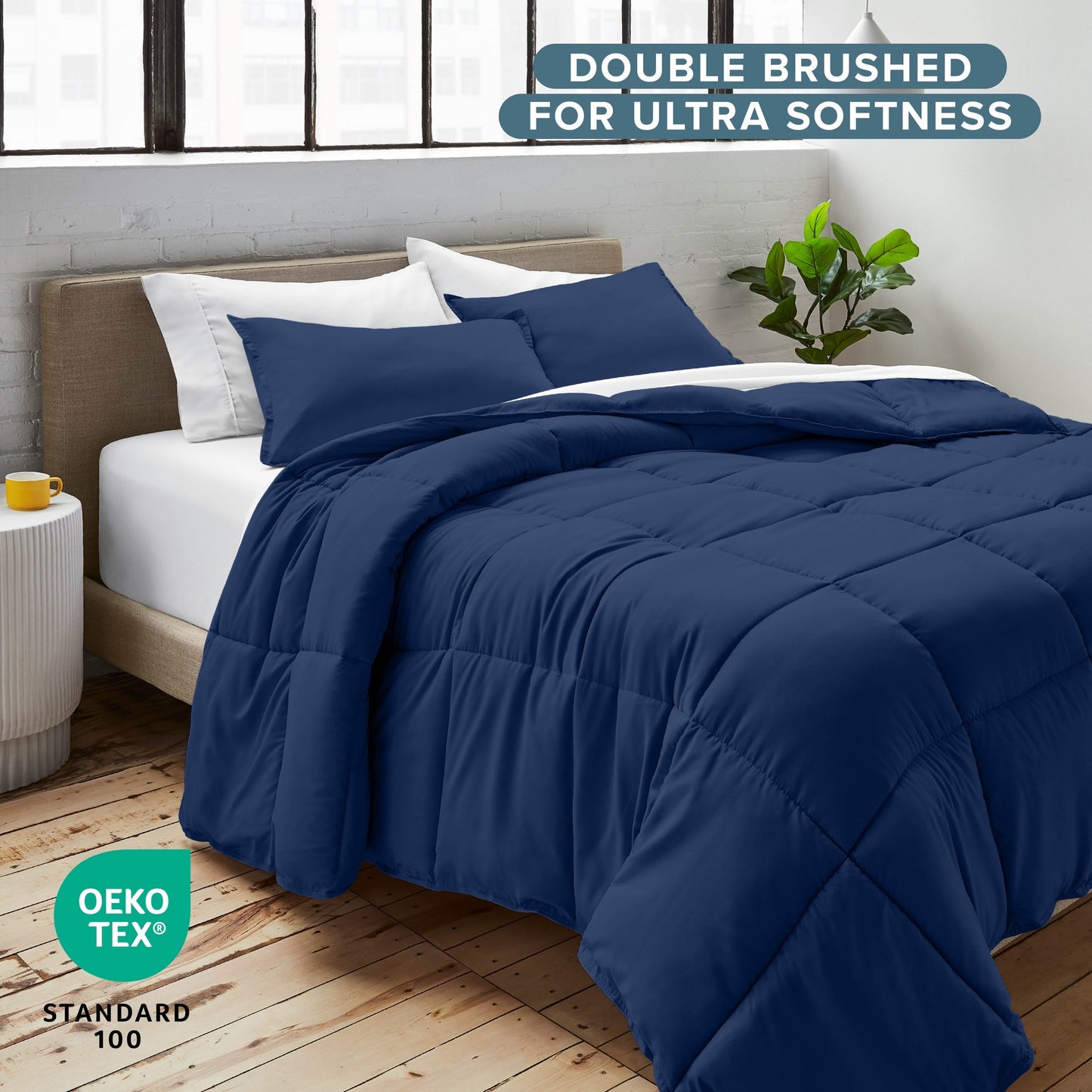 Luxurious Quilted Down Alternative Comforter Set - 3-Pieces - All Seasons - Queen, Dark Blue - Luxurious Quilted Duvet Cover Set Detail