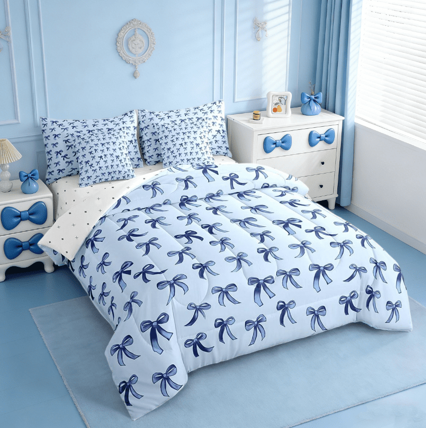 Fluffy Down Alternative Cute Bowknot Twin Bedding Sets 7-Piece,Girls Ribbon Bow Bedding Comforter Set,Dreamy Blue Sheet Sets For Girls,Super ... - Cloud-Like Soft Lightweight Bed Comforter Detail