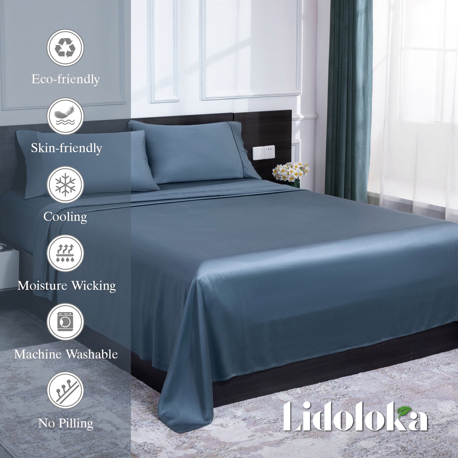Breathable Luxury Luxury Bamboo Bed Sheets Set Full 4 Pcs for Adult,Soft&Cool,16" Deep Pocket,Blue Gray - Cooling Hotel Quality Bedding Sheets and Pillowcases Detail
