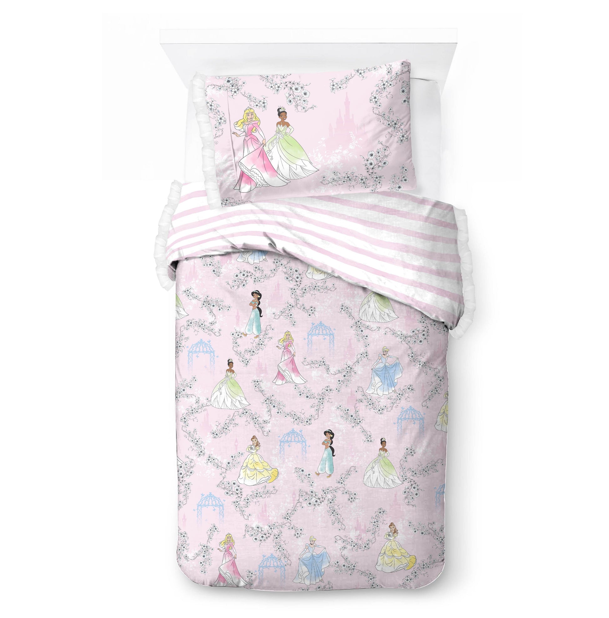 Heavyweight Warmth Princess Floral Gardens 2-Piece Twin/Full Reversible Comforter Set, Polyester Microfiber, Pink & White - Hypoallergenic Ultra-Fluffy Quilt for Winter Detail