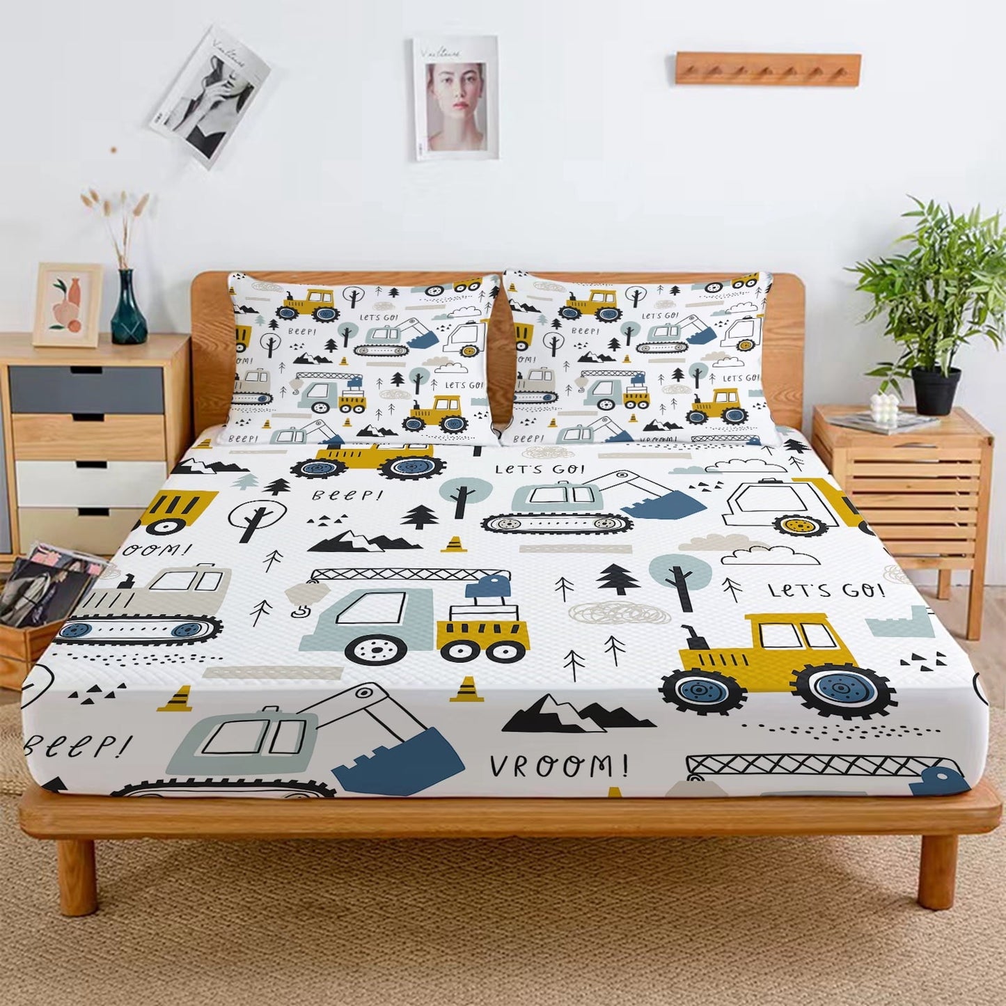 Wrinkle-Resistant Cartoon Excavator Sheet Set for Kids Boys Truck Construction Bedding Set Engineering Vehicle Bed Sheet Sets with 1 Fi... - Cooling Hotel Quality Bedding Sheets and Pillowcases Detail