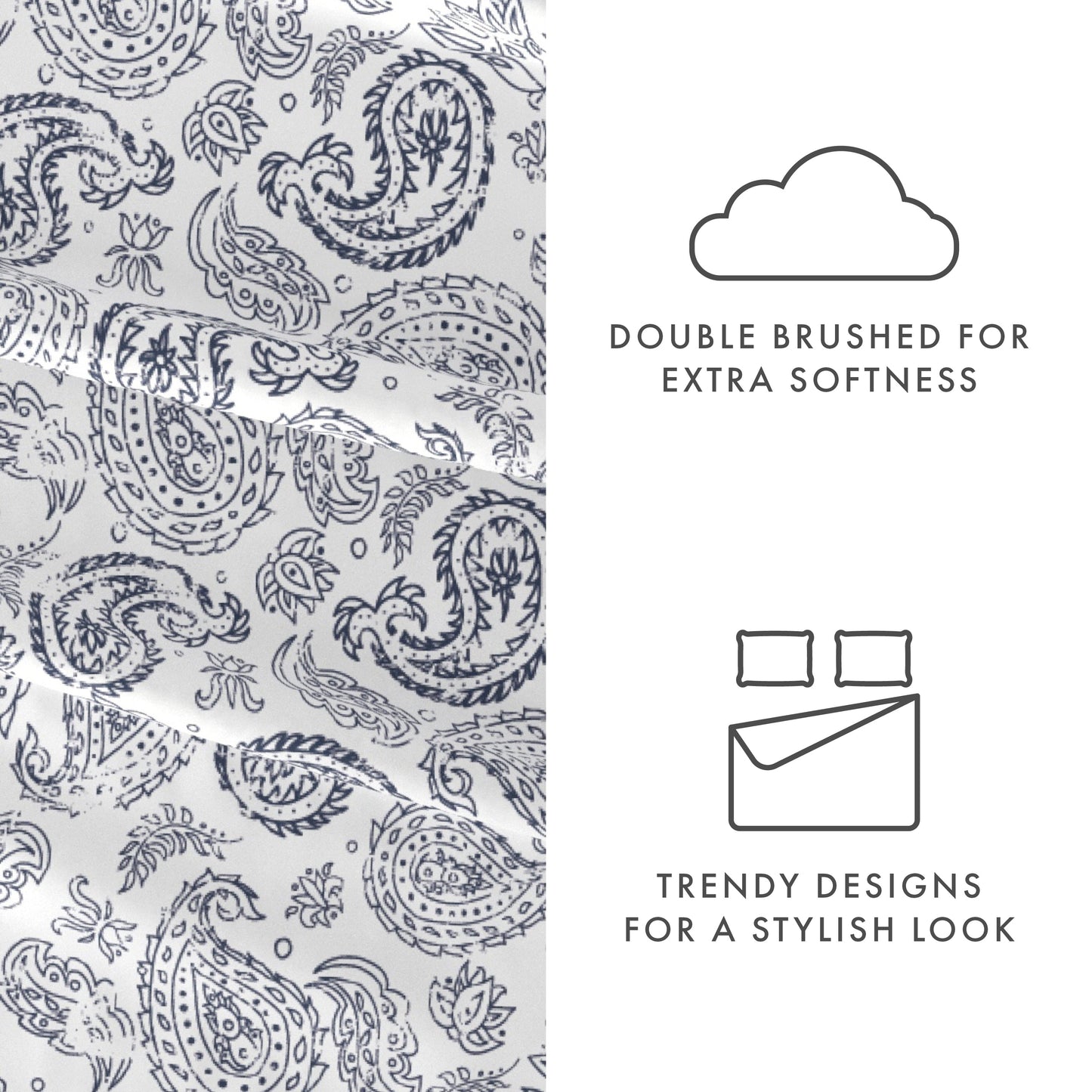 Premium Egyptian Cotton 4 Piece Pattern Microfiber Bed Sheets Set, Navy Coarse Paisley, Full - Breathable Egyptian Cotton Flat & Fitted Sheets Detail