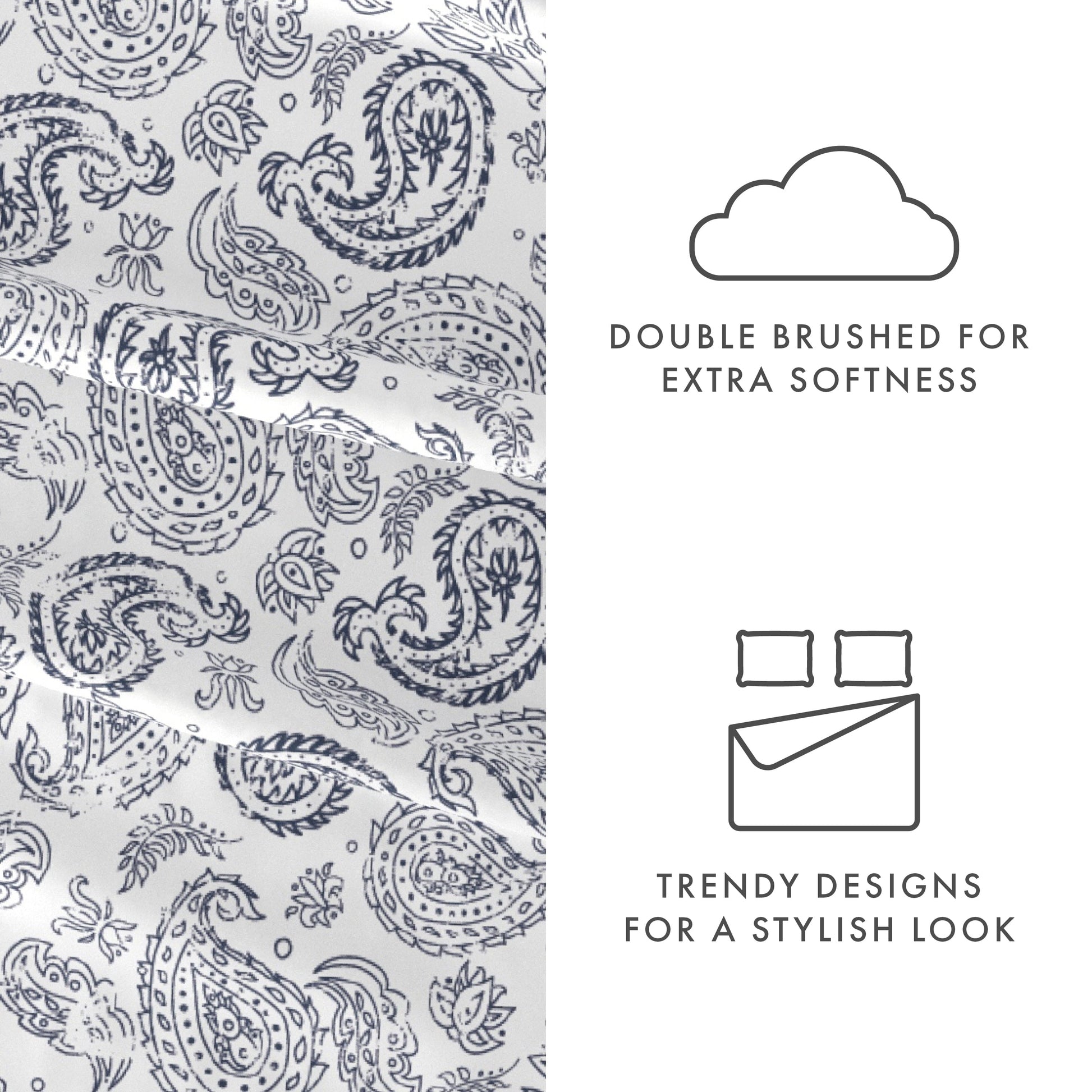 Premium Egyptian Cotton 4 Piece Pattern Microfiber Bed Sheets Set, Navy Coarse Paisley, Full - Breathable Egyptian Cotton Flat & Fitted Sheets Detail