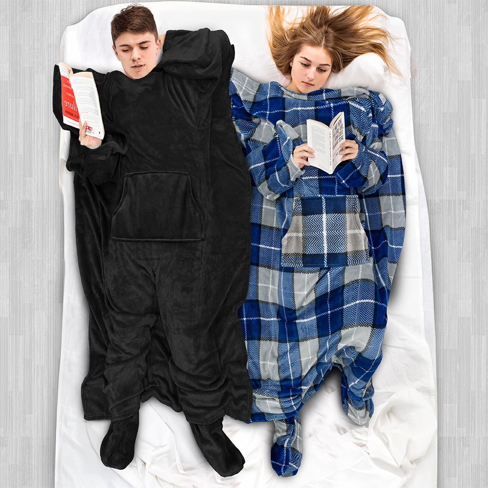 Reversible Sherpa Fleece Blanket with Sleeves, Foot Pockets for Women Men Adults, Plush Wearable Blanket Throw Wrap, Warm Snuggle Blank... - Lightweight Plush Warm Blanket for All Seasons Detail