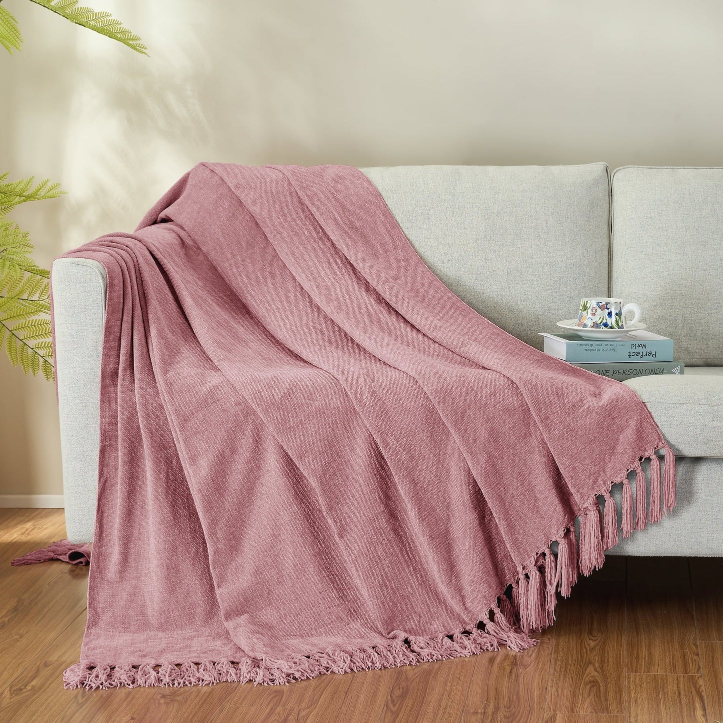 Cozy Fleece Chenille Throw Blanket with Fringe Tassel for Couch Sofa Chair Bed, Mauve 50" X 70" - Luxury Knitted Decorative Throw Blanket with Fringes Detail