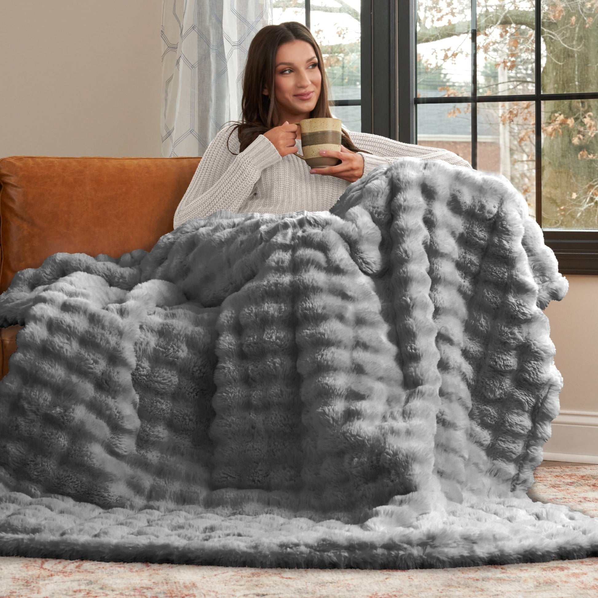 Reversible Sherpa Serenade Gray Textured Faux Fur Throw Blanket, 50 x 70 - Luxury Knitted Decorative Throw Blanket with Fringes Detail