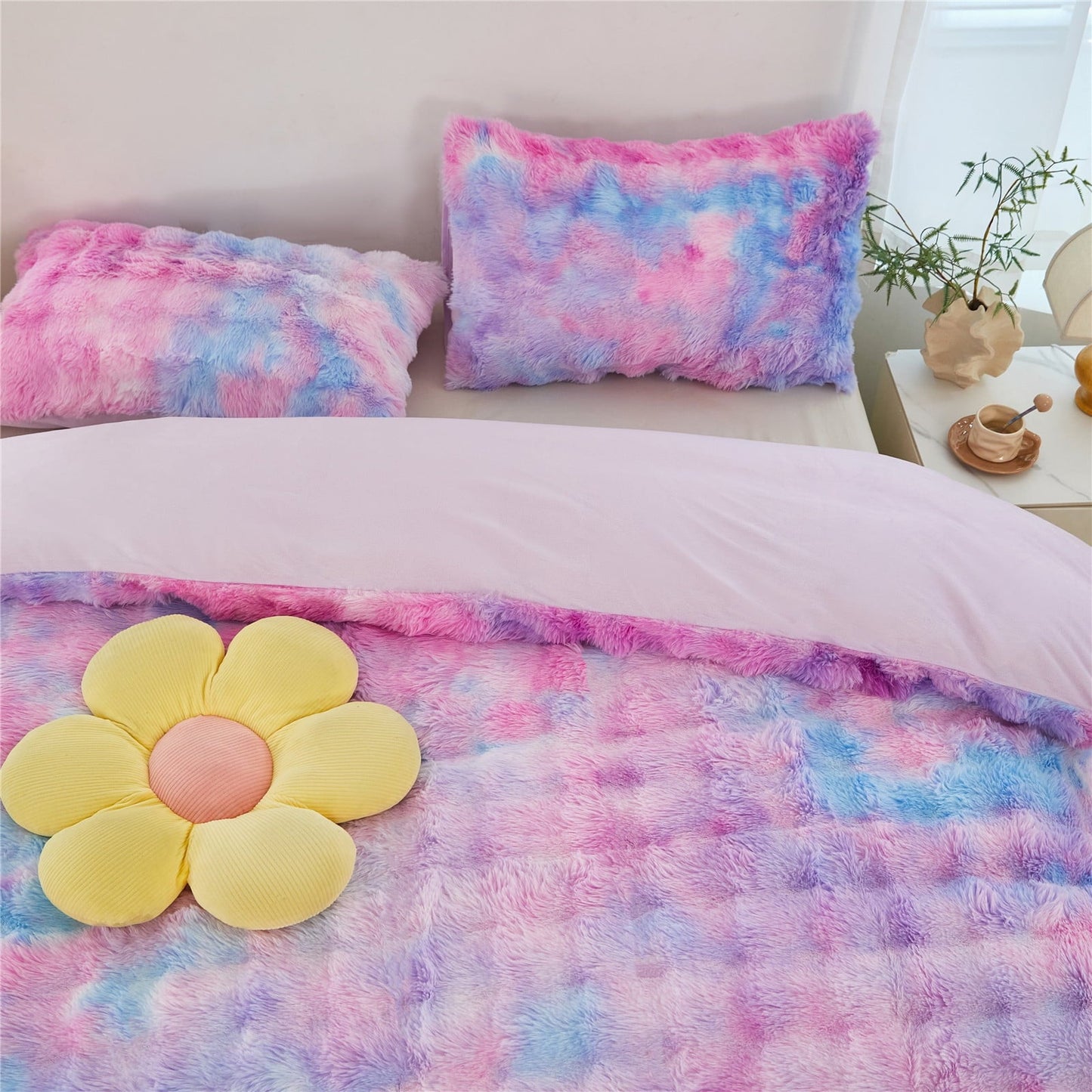 Hypoallergenic Cloud Faux Rabbit Fur Comforter Set Twin 3Pcs Girls Blue Purple Bedding Set Tie-Dyeing Soft Bed Comforter Set Warm Fuzzy Ki... - Luxurious Quilted Duvet Cover Set Detail