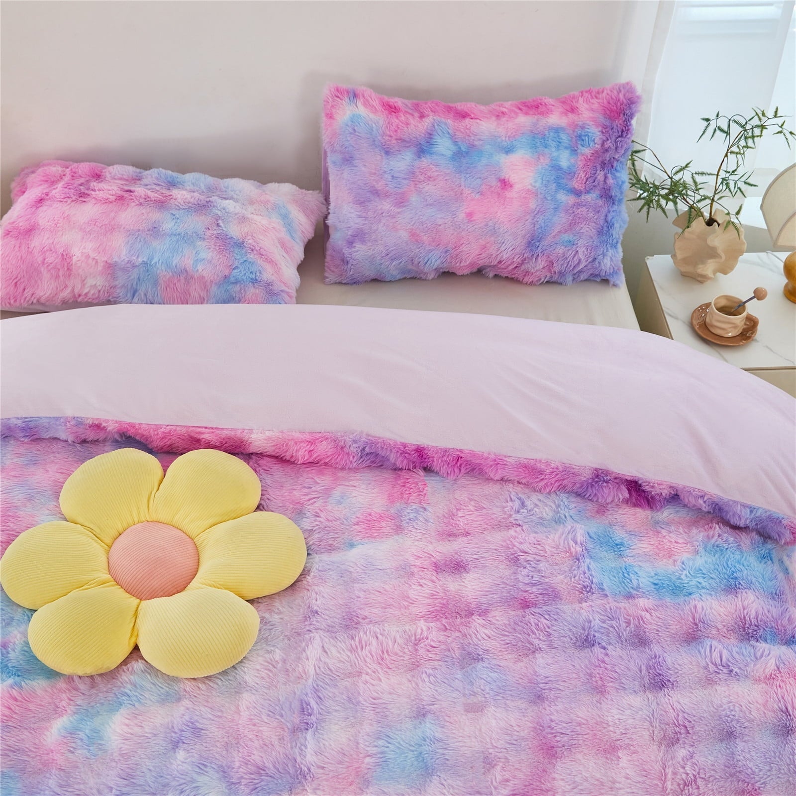 Hypoallergenic Cloud Faux Rabbit Fur Comforter Set Twin 3Pcs Girls Blue Purple Bedding Set Tie-Dyeing Soft Bed Comforter Set Warm Fuzzy Ki... - Luxurious Quilted Duvet Cover Set Detail