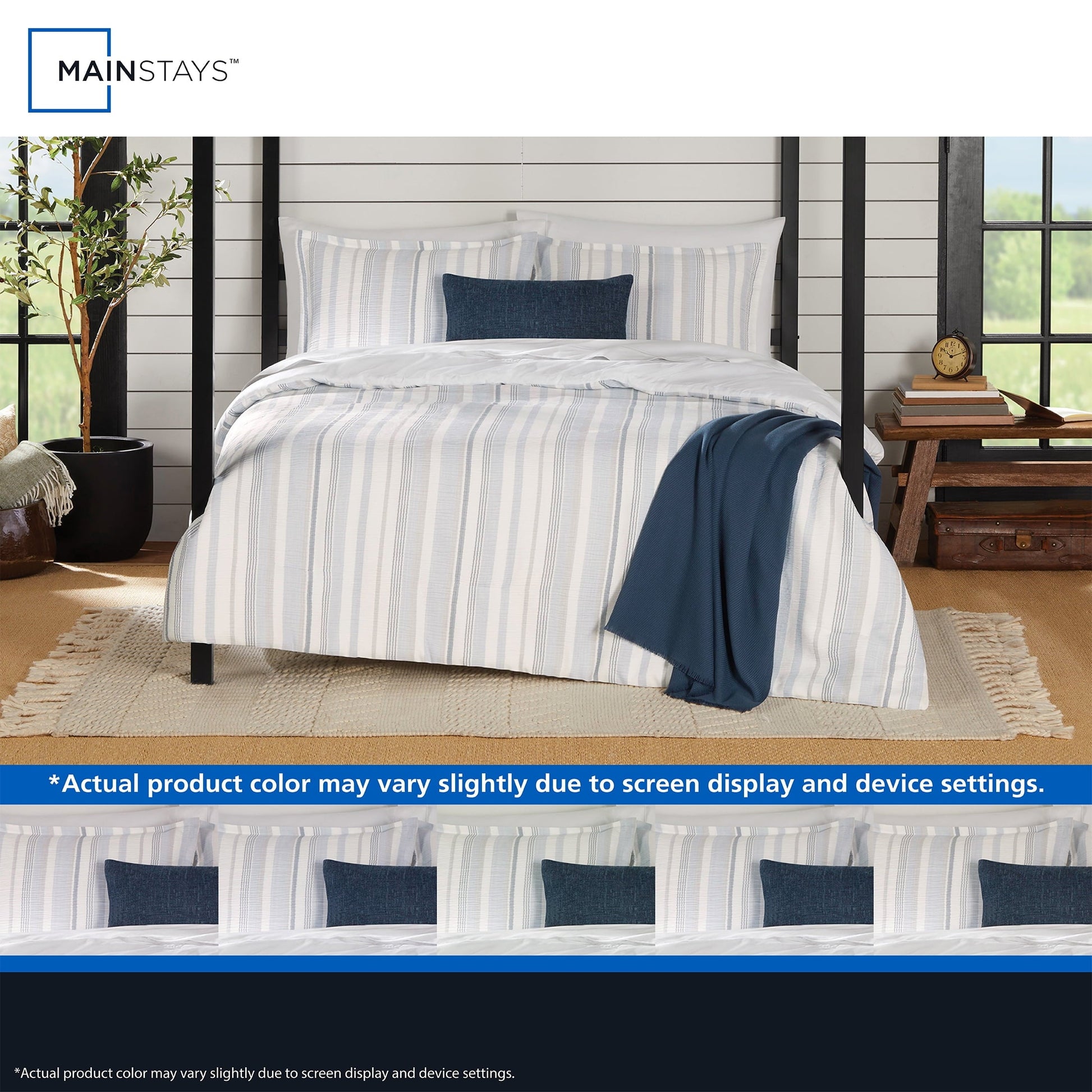Luxurious Quilted Full/Queen Comforter Set, All-Season, 5-Piece, Blue Yarn Dyed Stripe - All-Season Down Alternative Comforter Insert Detail