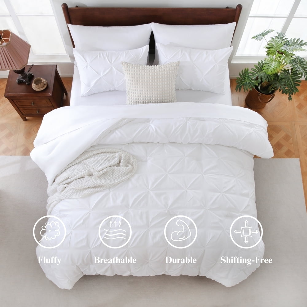 Fluffy Down Alternative 7 Pieces Pinch-Pleated Comforter Set, White Queen Size - Luxurious Quilted Duvet Cover Set Detail