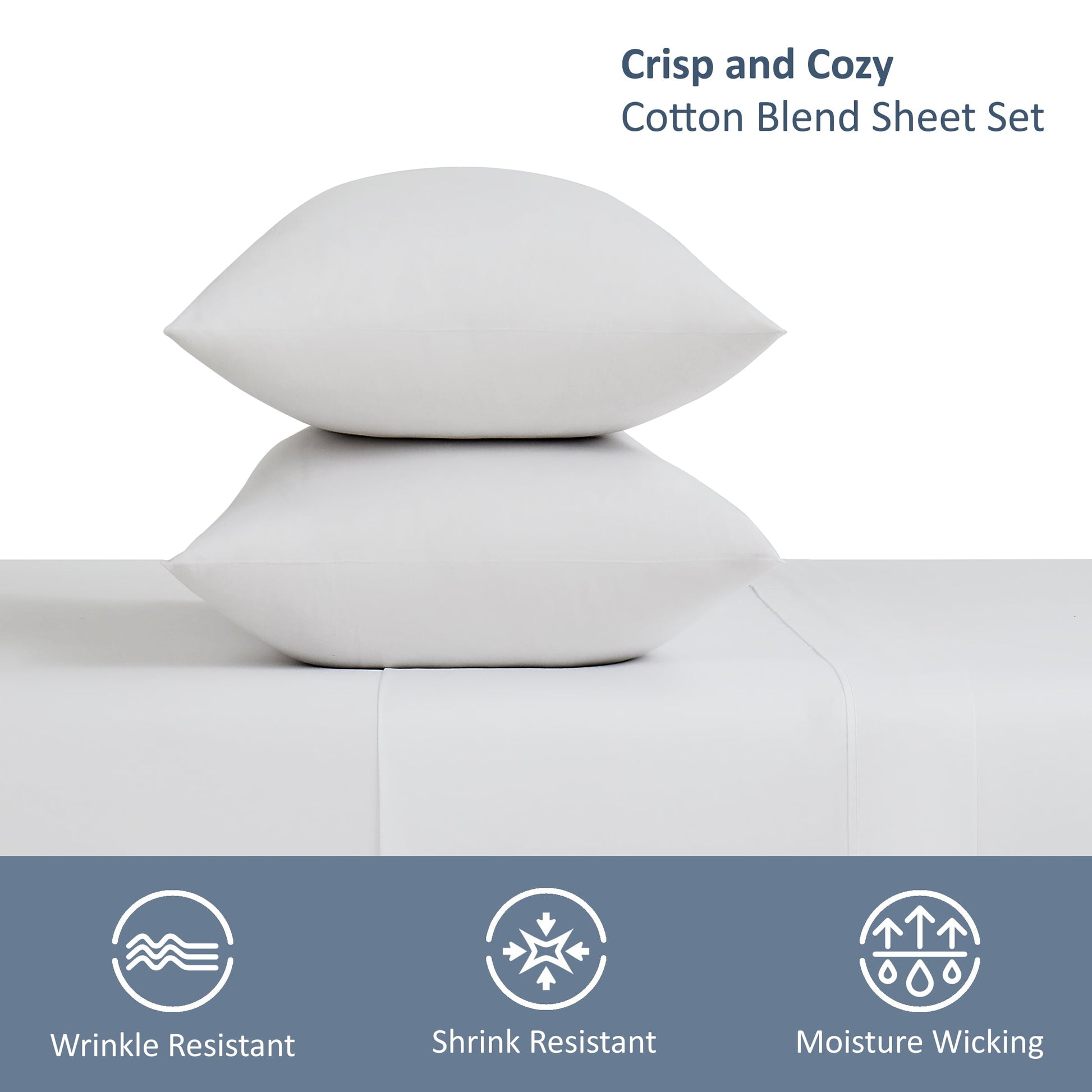 Wrinkle-Resistant 4-Piece 300 Thread Count White Cotton Blend Percale Bed Sheet Set, Queen - Premium Ultra-Soft Pillowcase Pair for Sleeping Detail