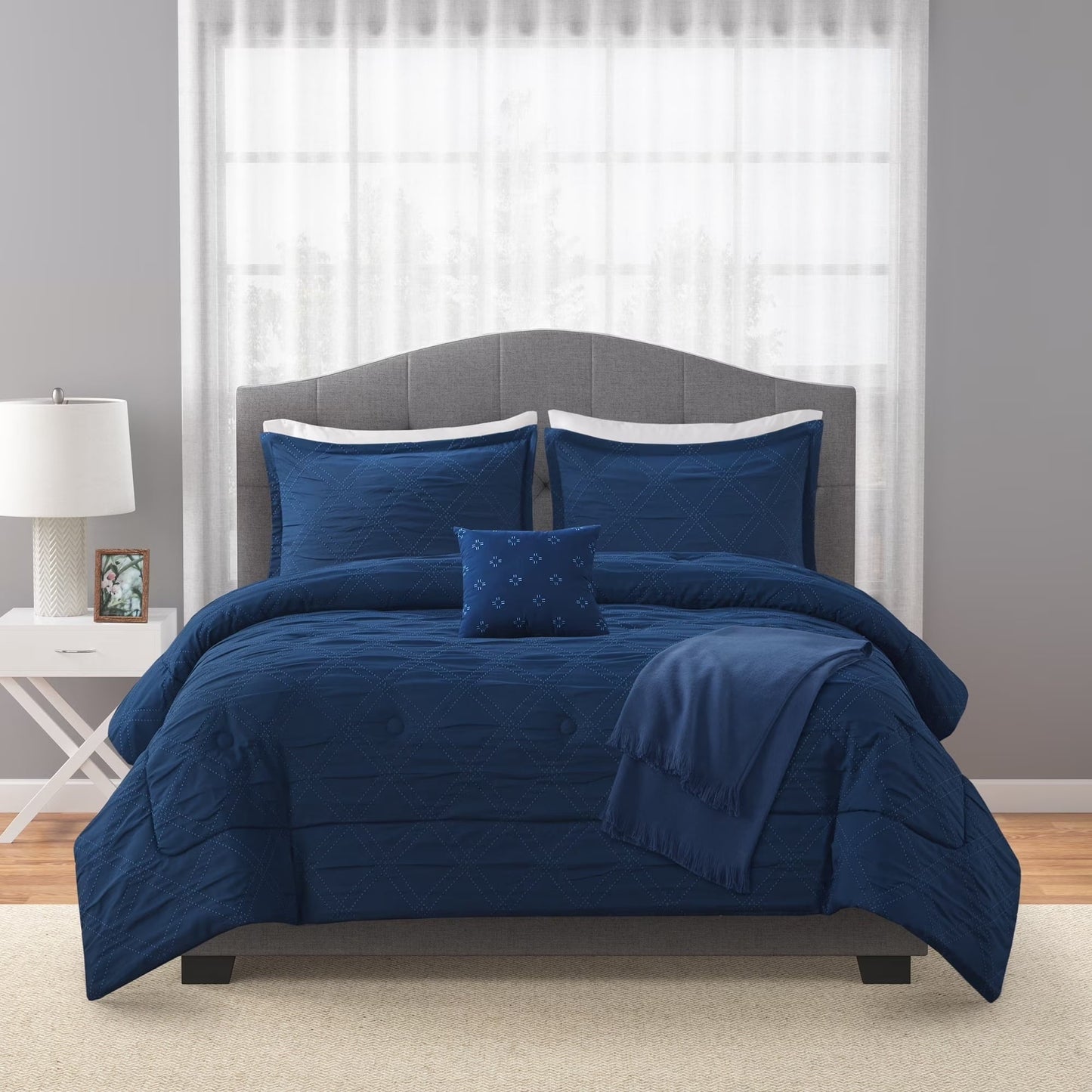 Hypoallergenic Cloud 5-Piece Reversible Comforter Set Navy Cross Stitch Bedding with Decor Pillow and Throw, Full/Queen - Hypoallergenic Ultra-Fluffy Quilt for Winter Detail