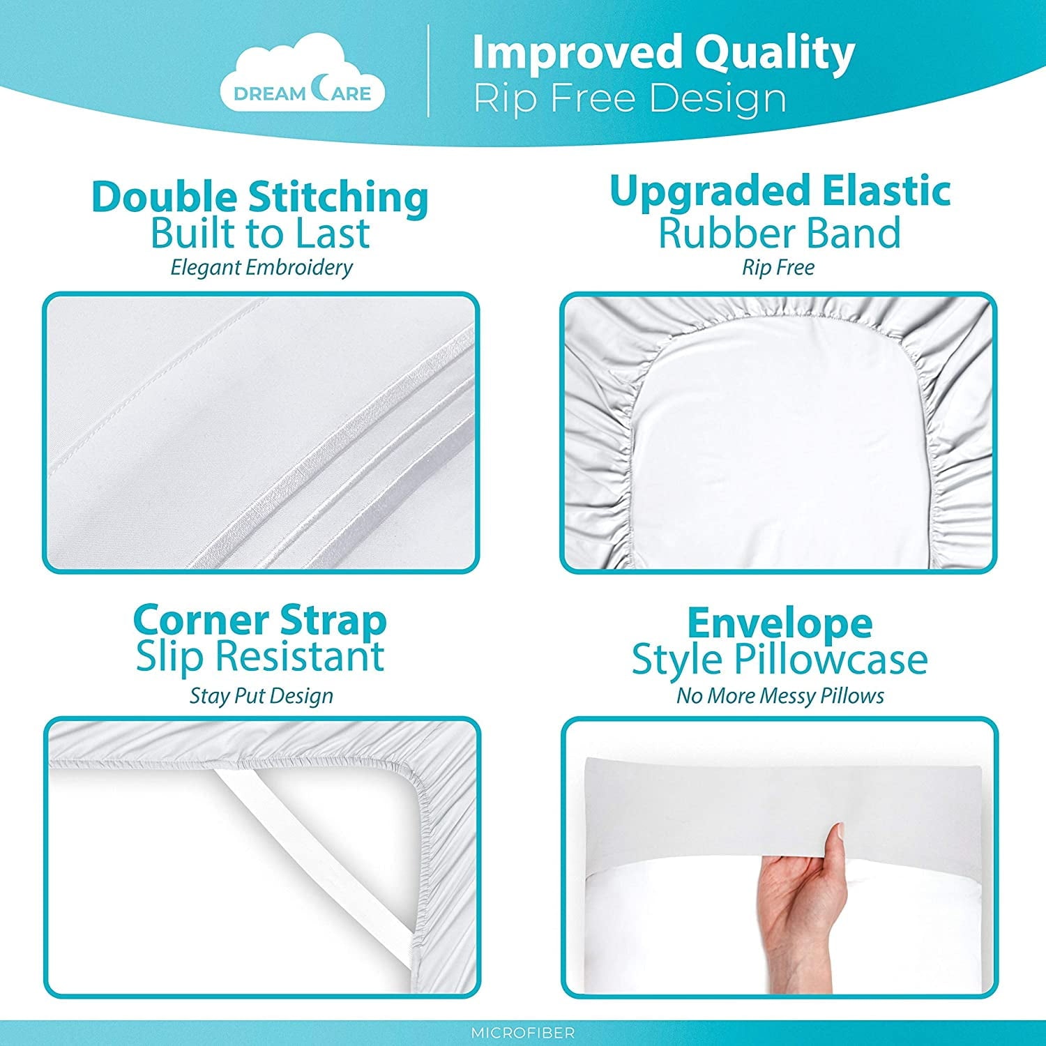 Breathable Luxury Bed Sheets Set - Queen Size Sheet with Side Pocket - 4pcs Set, 15 inches, White - Premium Ultra-Soft Pillowcase Pair for Sleeping Detail