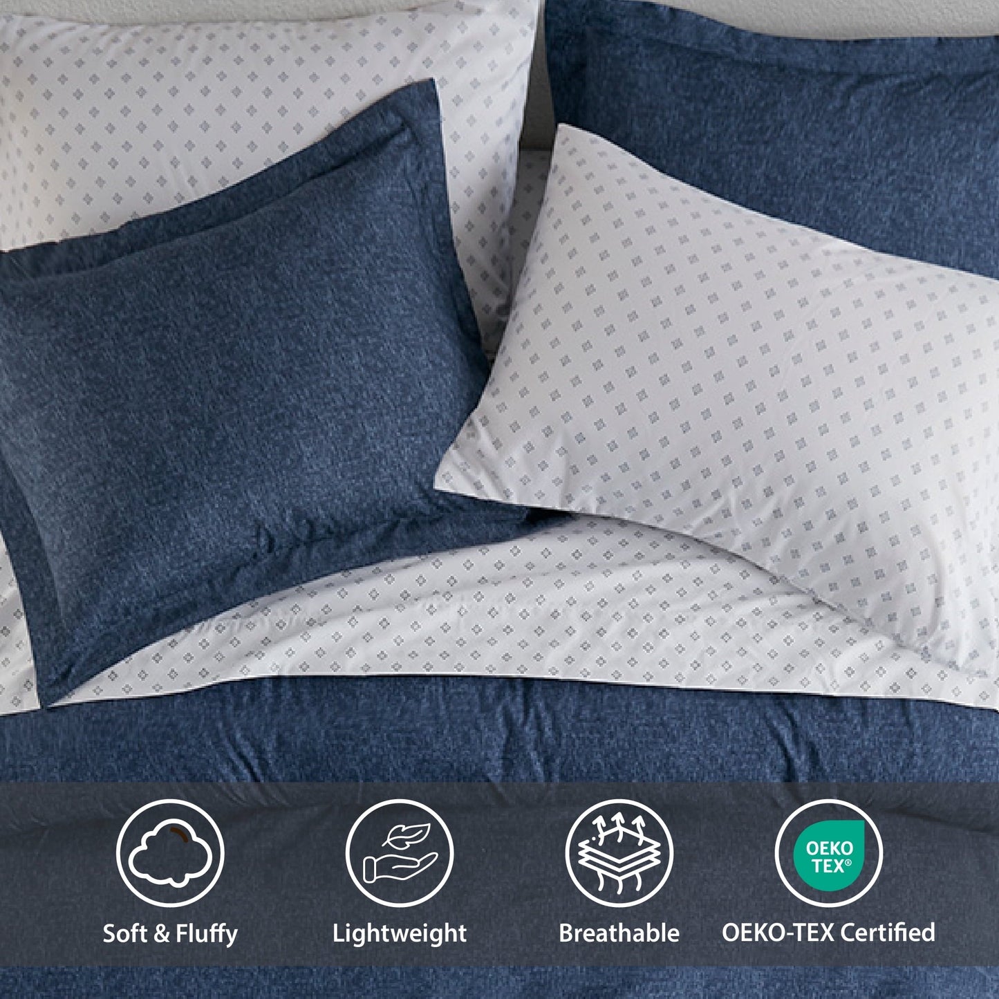 All-Season Queen Size Comforter Set, 7-Piece Reversible Bed in a Bag with Sheets, Navy - Hypoallergenic Ultra-Fluffy Quilt for Winter Detail