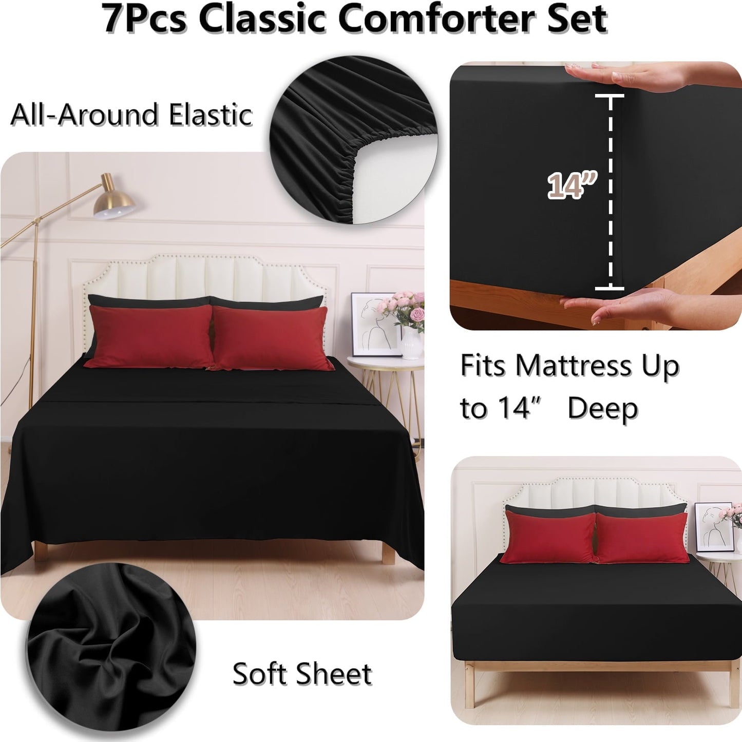 Fluffy Down Alternative 7 Piece Reversible Queen Comforter Set - Red Quilted Down Alternative Bedding All Season Super Soft Microfiber Bed in... - Hypoallergenic Ultra-Fluffy Quilt for Winter Detail