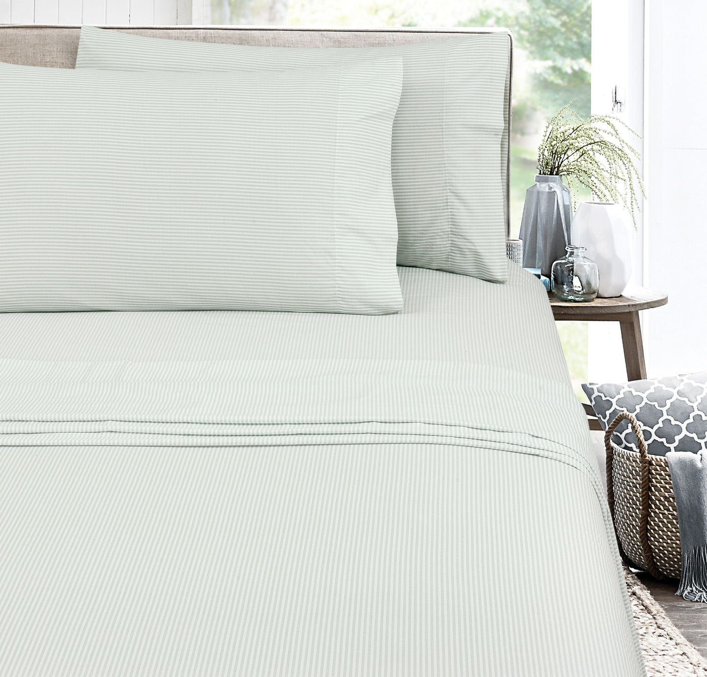 Cooling Sateen Easy Care 300 Thread Count Cotton Rich Percale Sheet Set, King, Grey Stripes - Cooling Hotel Quality Bedding Sheets and Pillowcases Detail