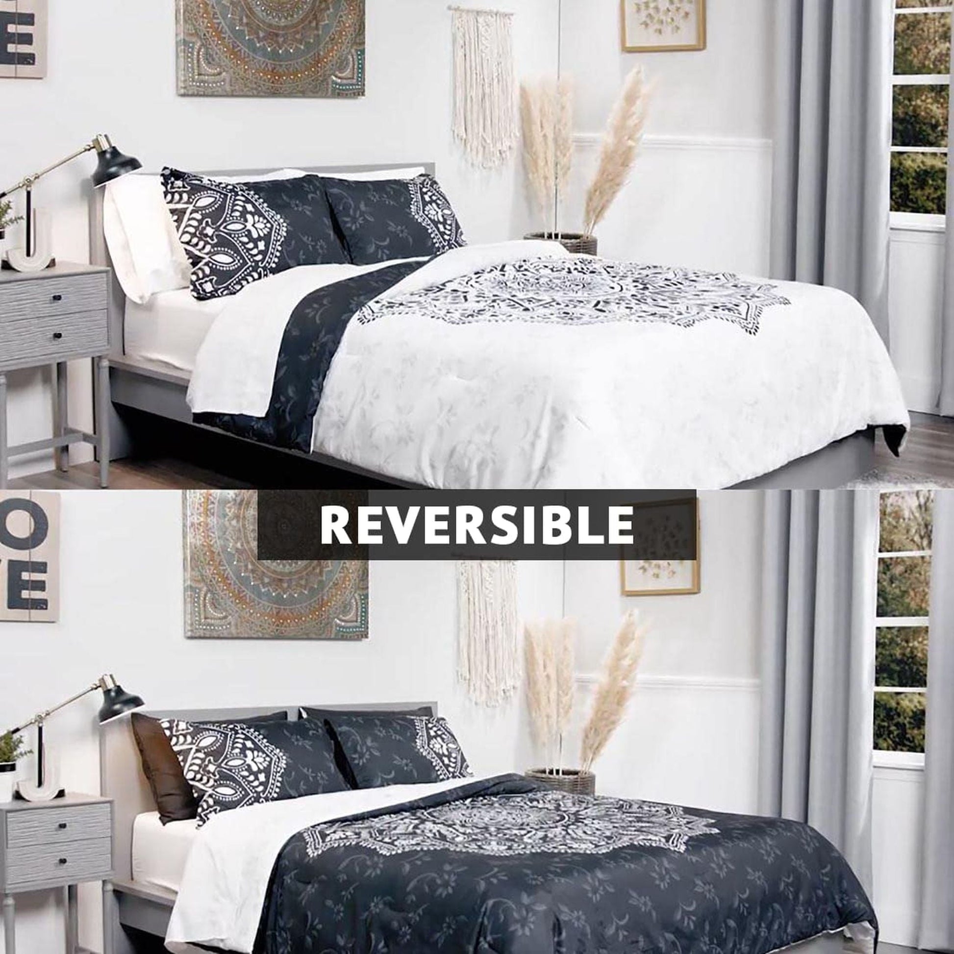 Luxurious Quilted Queen Comforter Set, Bedding Comforter Set Queen Size W/ Side Pockets, Black, 9 Pieces - Cloud-Like Soft Lightweight Bed Comforter Detail