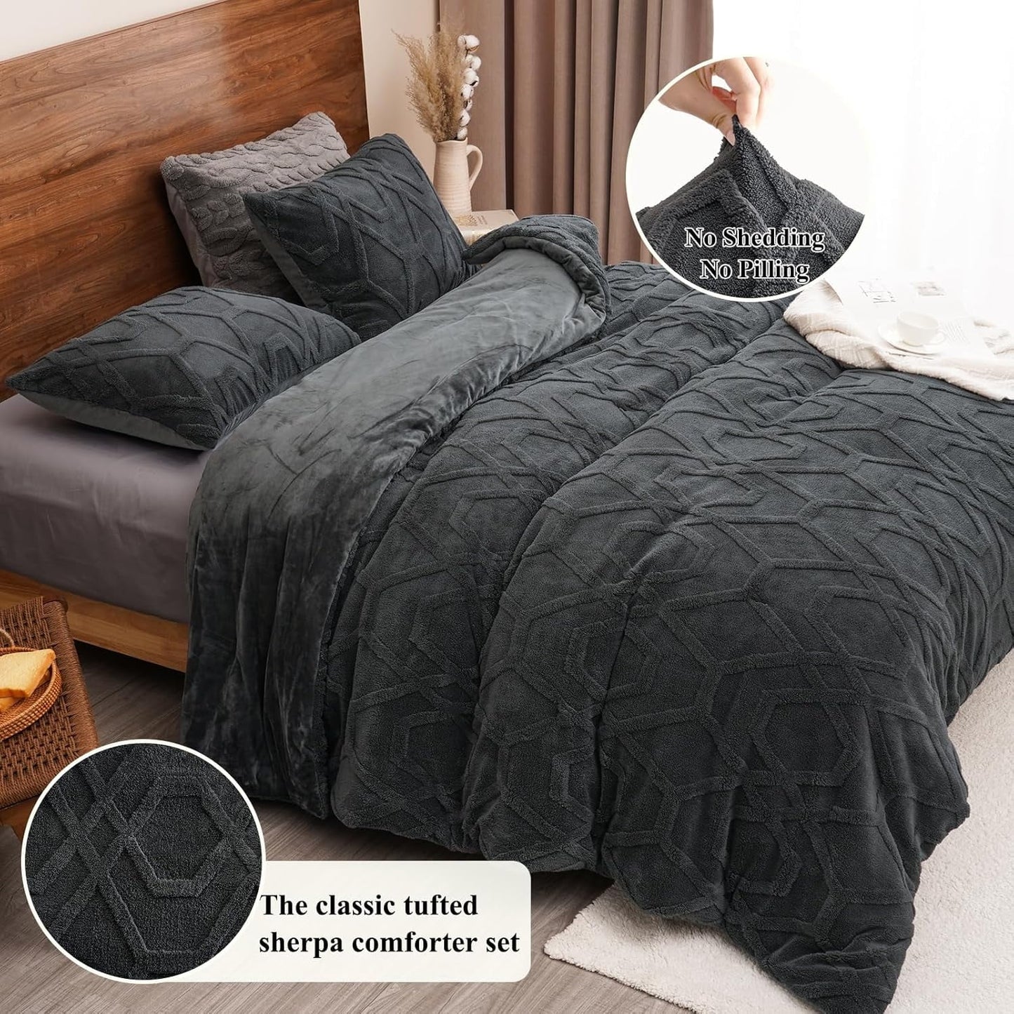 Luxurious Quilted Warm Sherpa Fleece Queen Comforter Set, 3D Tufted Fluffy Dark Grey Bedding for Winter, Soft 3 Pieces Shaggy Bed Set, ... - All-Season Down Alternative Comforter Insert Detail