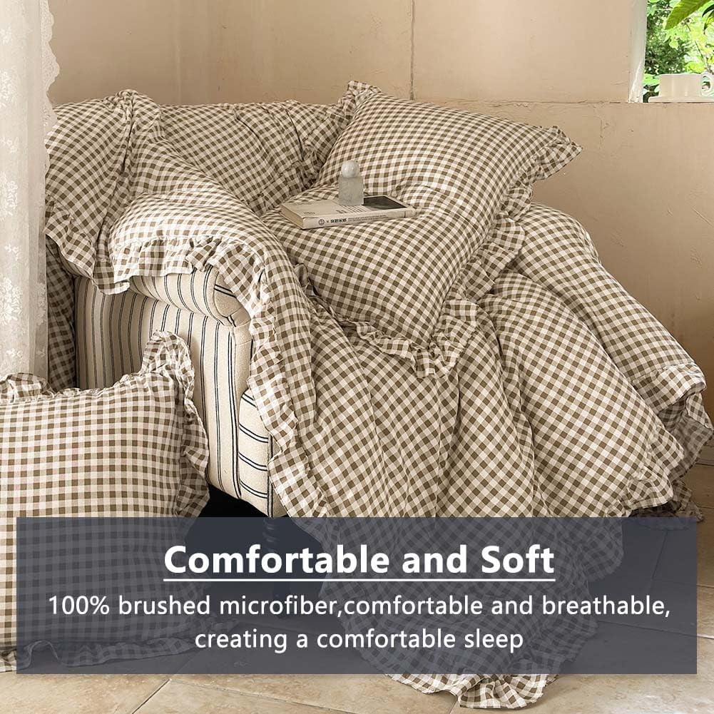 Heavyweight Warmth Tan Gingham Ruffle Queen Comforter Set, Taupe Ruffled Plaid Bedding Set, Ruffled Checked Bed Comforter 3 Pieces(Tan G... - All-Season Down Alternative Comforter Insert Detail
