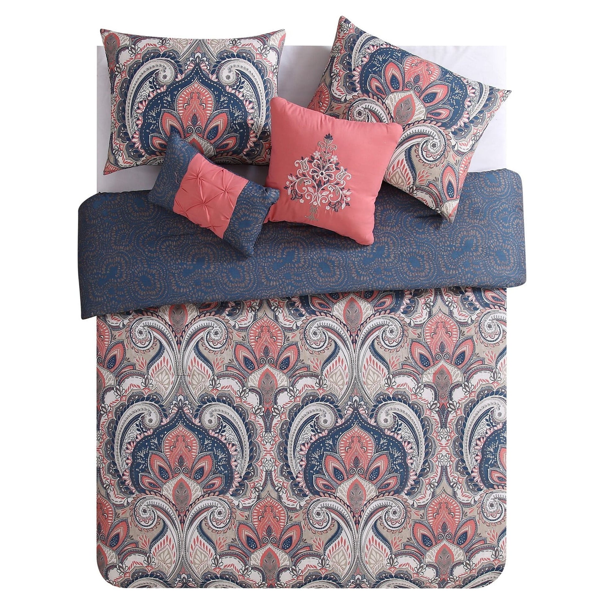Hypoallergenic Cloud Casa Real 5-Piece Coral Damask Reversible Comforter Set, King, Adult, Unisex - Luxurious Quilted Duvet Cover Set Detail