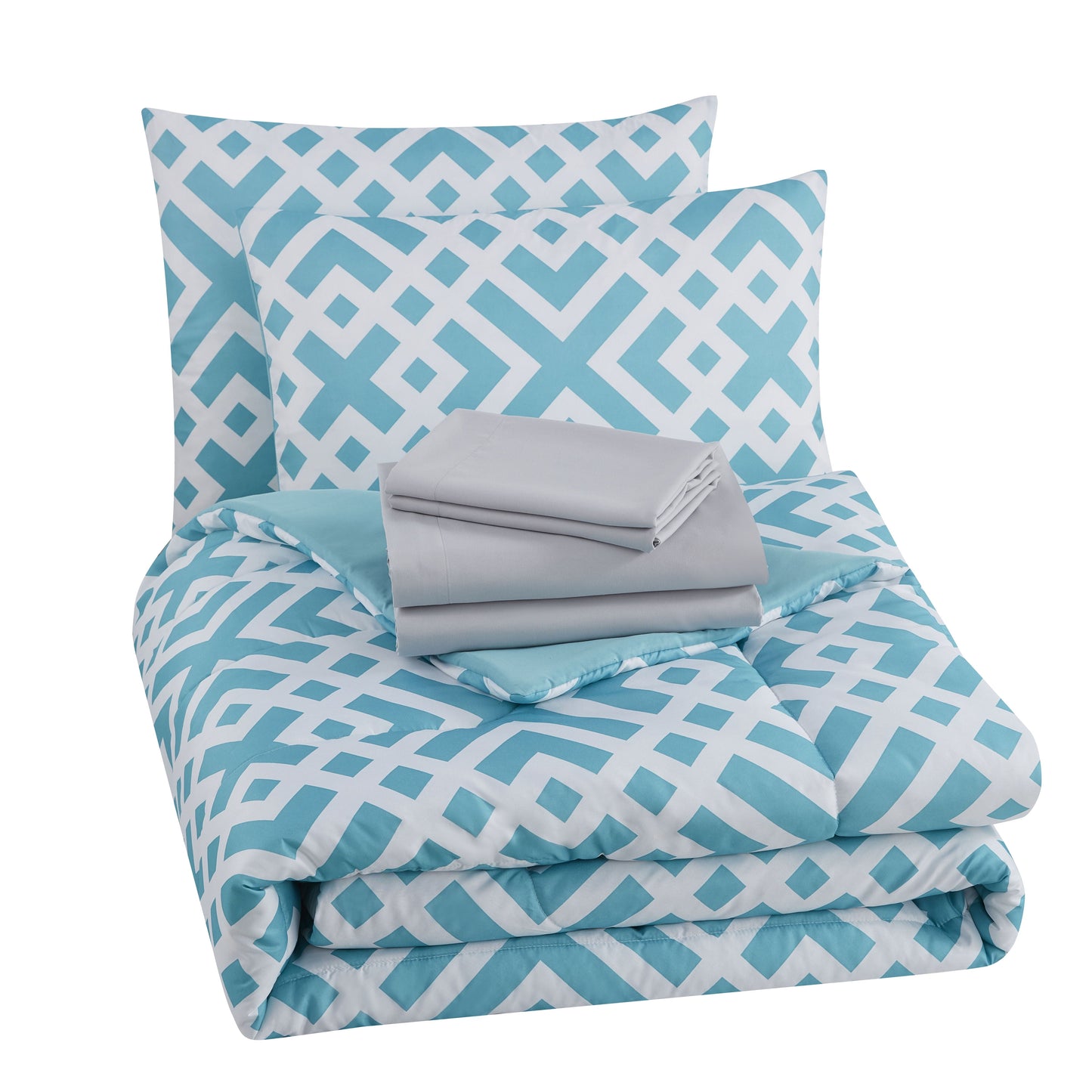 All-Season Teal Geometric 6 Piece Bed in a Bag Comforter Set with Sheets, Twin/Twin-XL - Luxurious Quilted Duvet Cover Set Detail