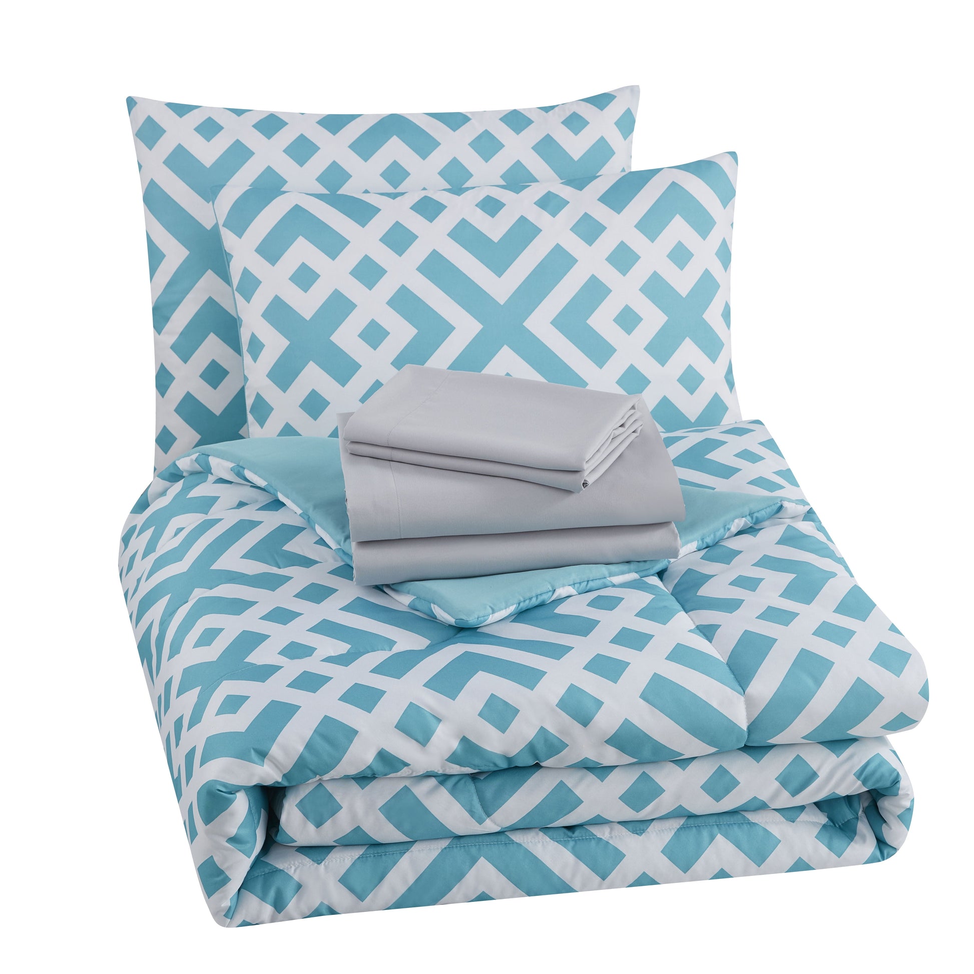 All-Season Teal Geometric 6 Piece Bed in a Bag Comforter Set with Sheets, Twin/Twin-XL - Luxurious Quilted Duvet Cover Set Detail