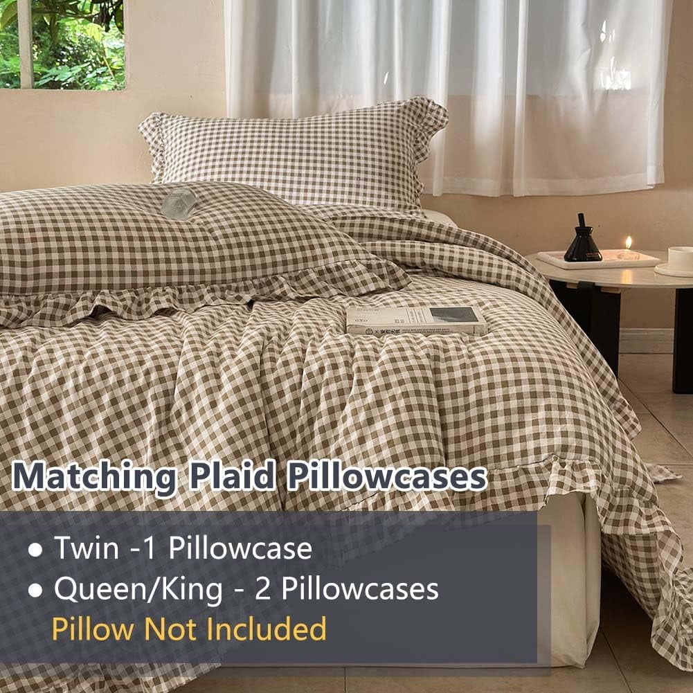 Heavyweight Warmth Tan Gingham Ruffle Queen Comforter Set, Taupe Ruffled Plaid Bedding Set, Ruffled Checked Bed Comforter 3 Pieces(Tan G... - All-Season Down Alternative Comforter Insert Detail