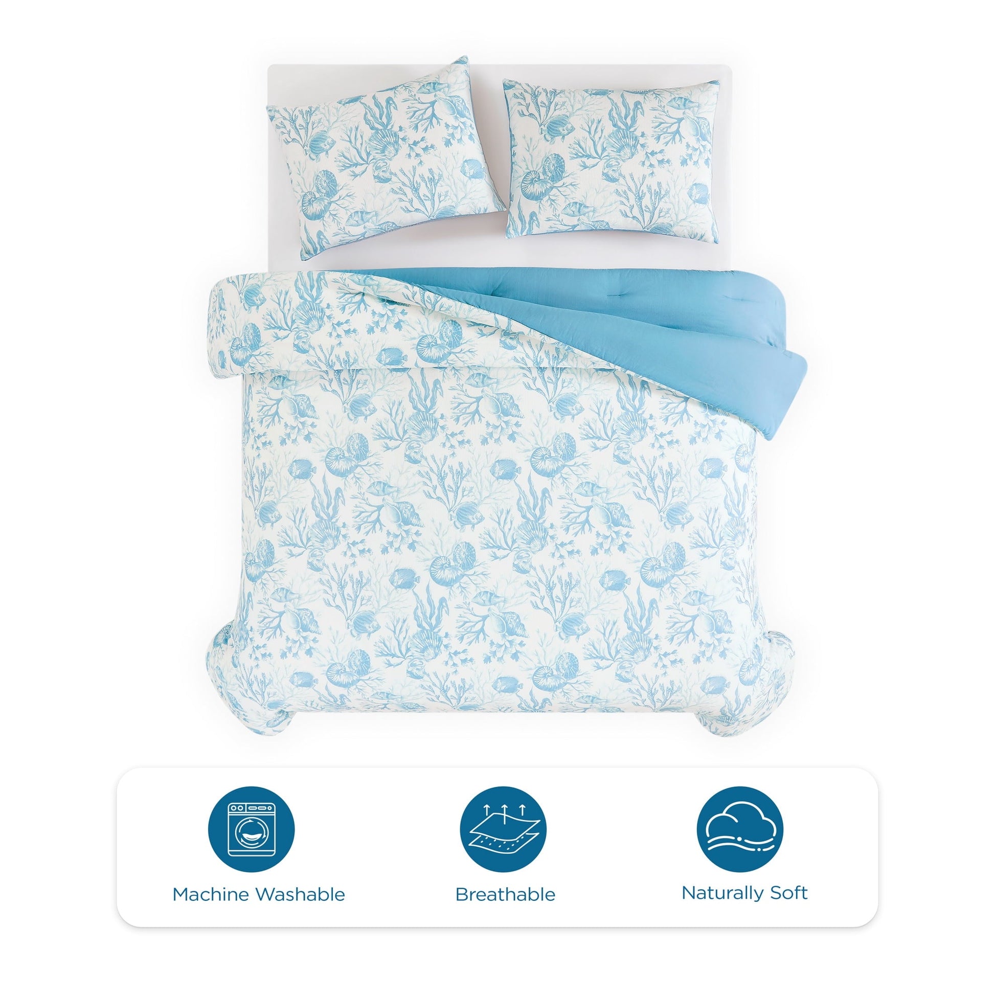 Heavyweight Warmth 3-Piece Lightweight 100% Cotton Blue & White Ocean Print Comforter Set, Full/Queen - Cloud-Like Soft Lightweight Bed Comforter Detail
