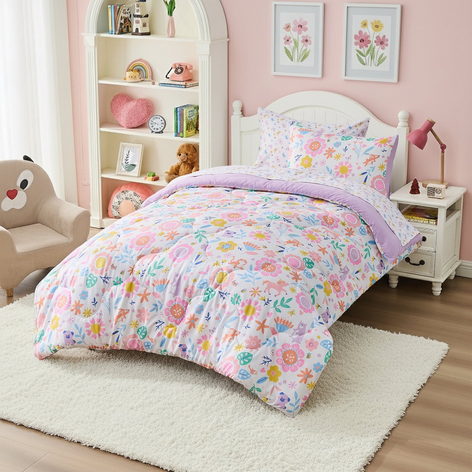 Heavyweight Warmth Floral Comforter Set, Soft Microfiber Flower Bedding Set, 5 Pieces with Comforter, Sheets and Pillowcases, Twin - Luxurious Quilted Duvet Cover Set Detail
