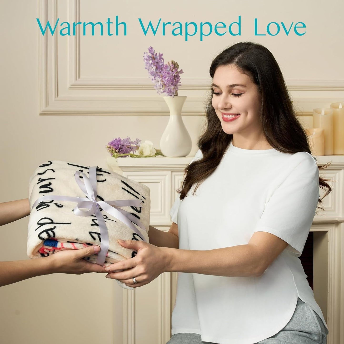 Reversible Sherpa Blanket for Mom 50" x 60" Soft Flannel Throw Blanket Birthday Mother's Day Gift，Ivory White - Luxury Knitted Decorative Throw Blanket with Fringes Detail