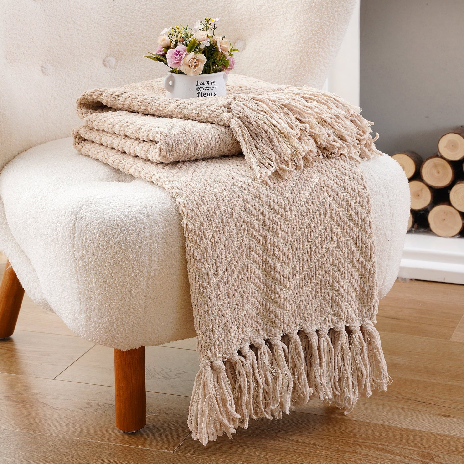 Lightweight Warm Beige Throw Blanket,Textured Knitted Tan Throws with Tassels,Neutral Sofa Bed Throws,50"x60" - Lightweight Plush Warm Blanket for All Seasons Detail