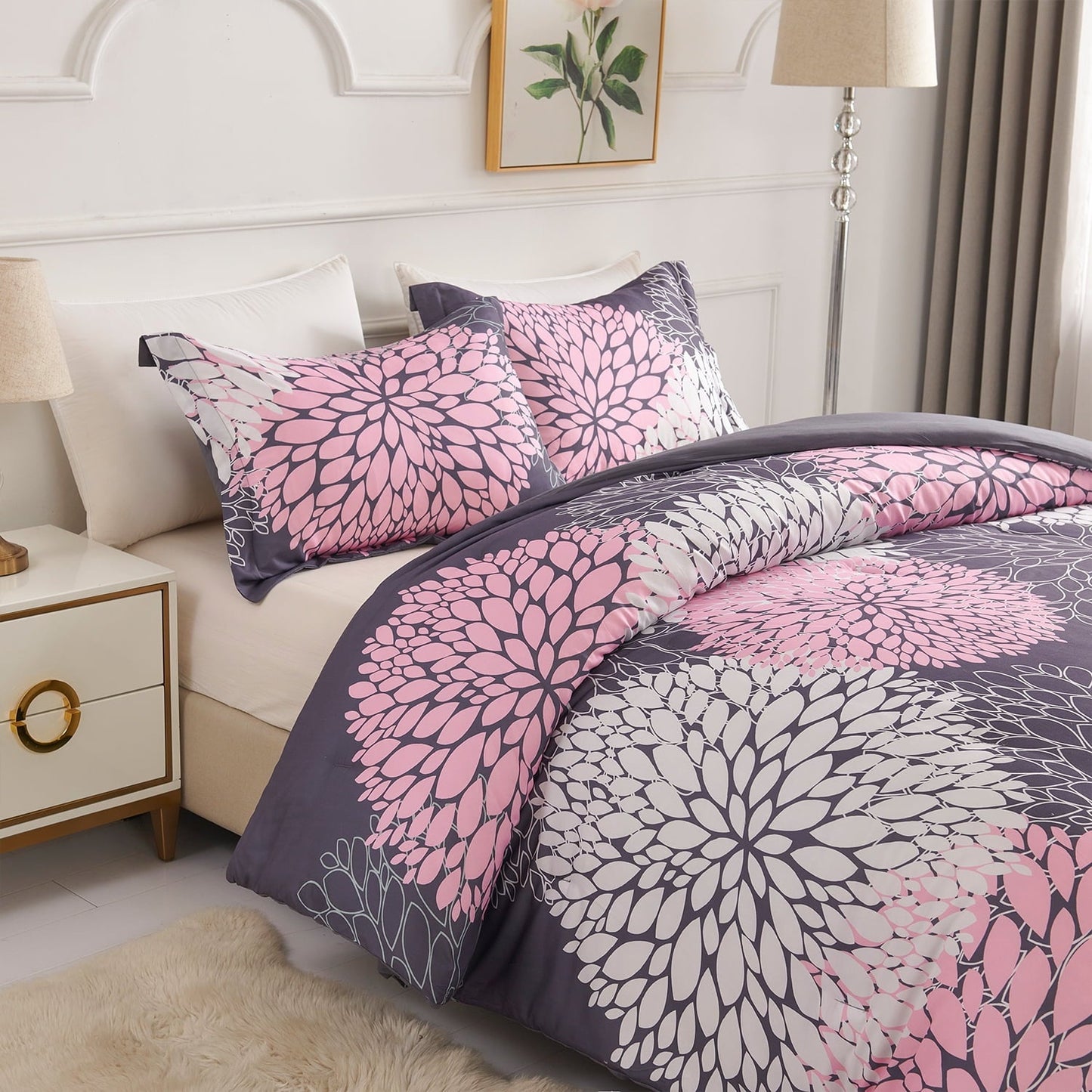 Heavyweight Warmth 2 Pieces Pink Floral Comforter Set Twin Size, Botanical Bedding Sets with Cute Flowers Printing for Teen Girls - Hypoallergenic Ultra-Fluffy Quilt for Winter Detail