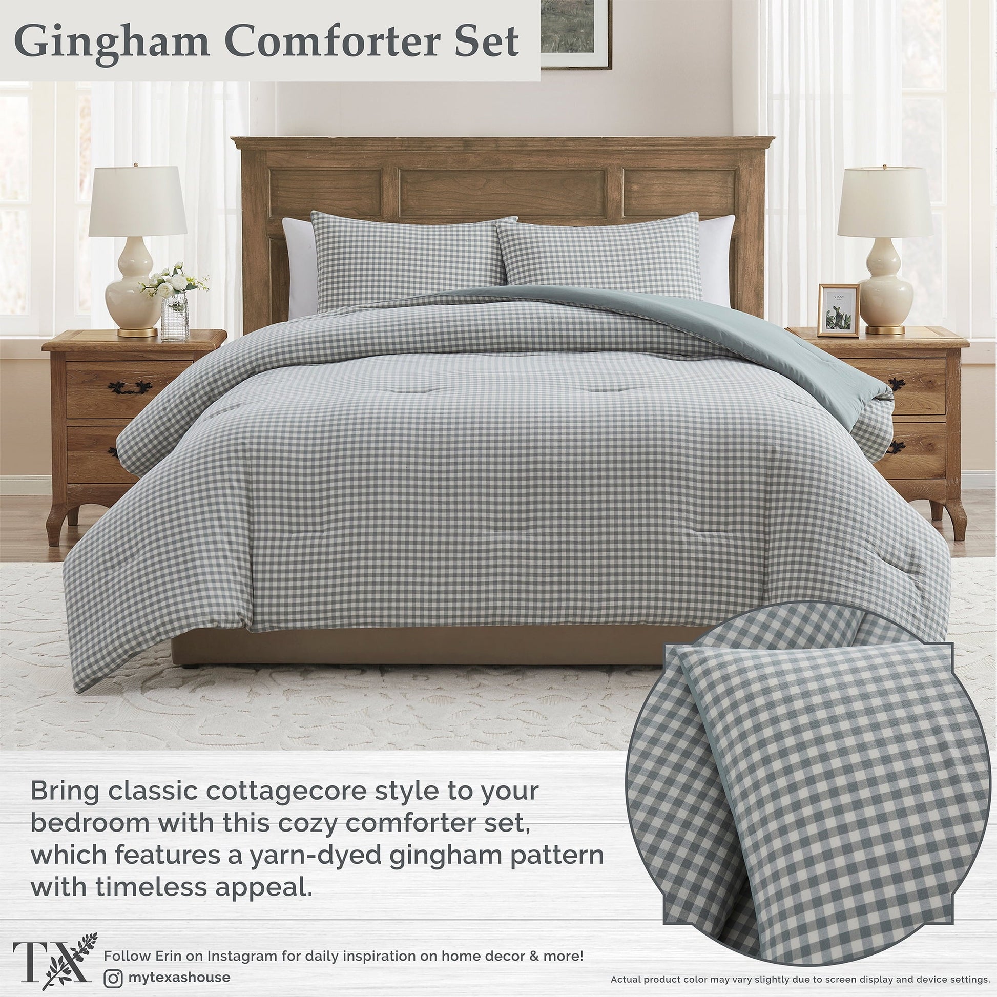 Luxurious Quilted Full/Queen Comforter Set, All-Season, 3-Piece, Green Gingham Plaid - Cloud-Like Soft Lightweight Bed Comforter Detail
