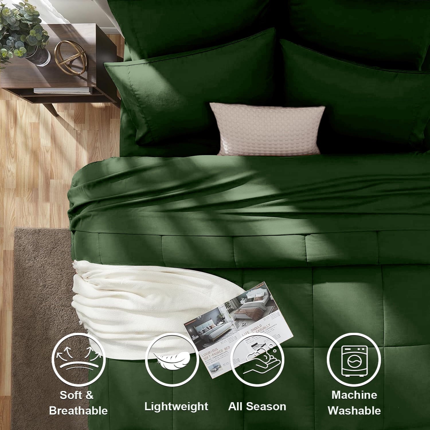 Fluffy Down Alternative Queen Comforter Set Forest Green Bed in a Bag Queen Size 7 Pieces Soft Bed Set Lightweight Microfiber Green Bedding C... - Hypoallergenic Ultra-Fluffy Quilt for Winter Detail