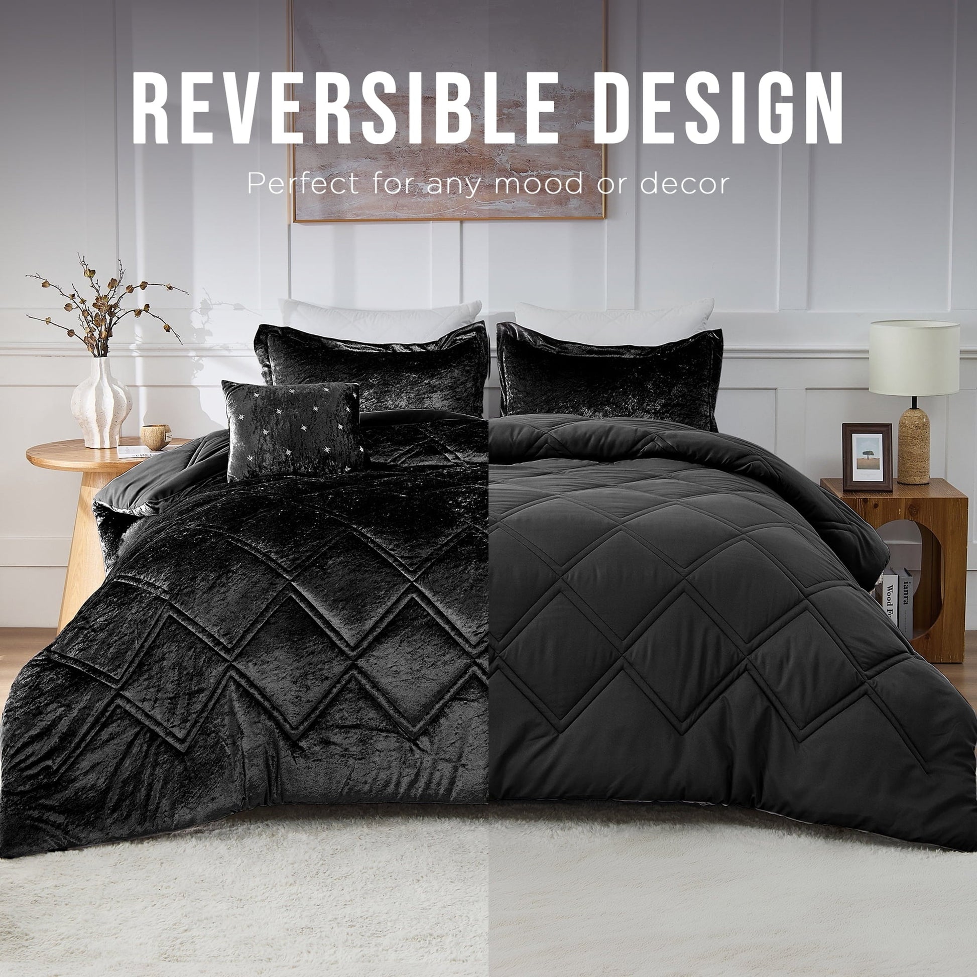 All-Season King/Cal King Size Comforter Sets, Velvet Bedding Comforter Set for All Seasons, Black Bedding Set with Decor Pillow - Luxurious Quilted Duvet Cover Set - Default Title