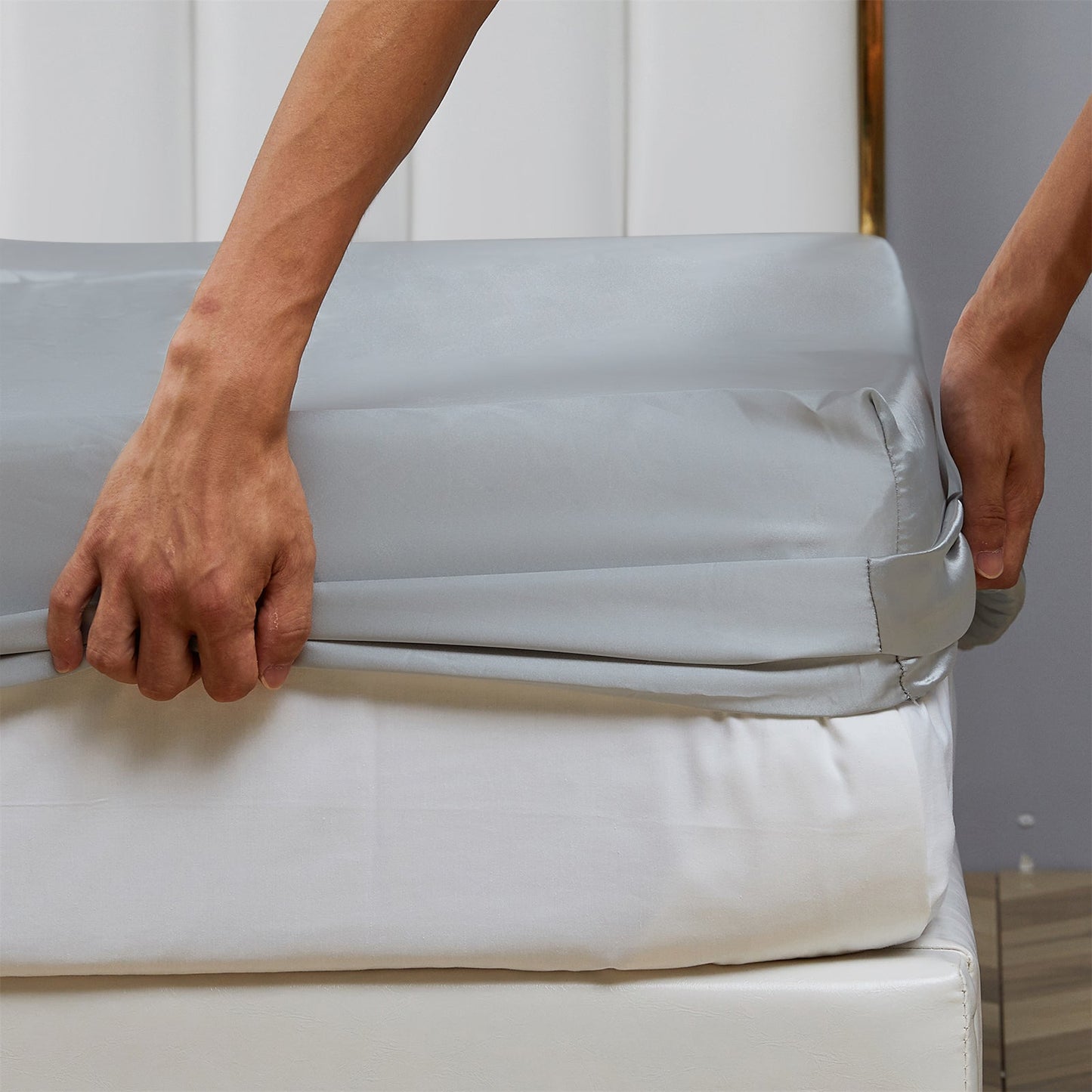 Premium Egyptian Cotton Satin Fitted Sheet King Size 14 Inch Deep Pocket Bed Sheet Silk Sheet Ultra Soft Machine Washable, Light Gray - Cooling Hotel Quality Bedding Sheets and Pillowcases Detail