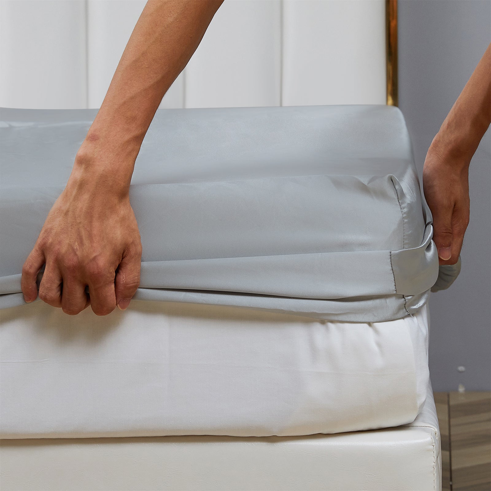 Premium Egyptian Cotton Satin Fitted Sheet King Size 14 Inch Deep Pocket Bed Sheet Silk Sheet Ultra Soft Machine Washable, Light Gray - Cooling Hotel Quality Bedding Sheets and Pillowcases Detail