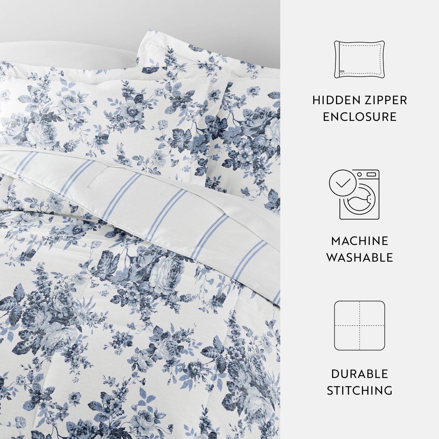 Hypoallergenic Cloud Down Alternative Cabbage Rose Stripe Stone Reversible Comforter Set - All-Season Down Alternative Comforter Insert Detail