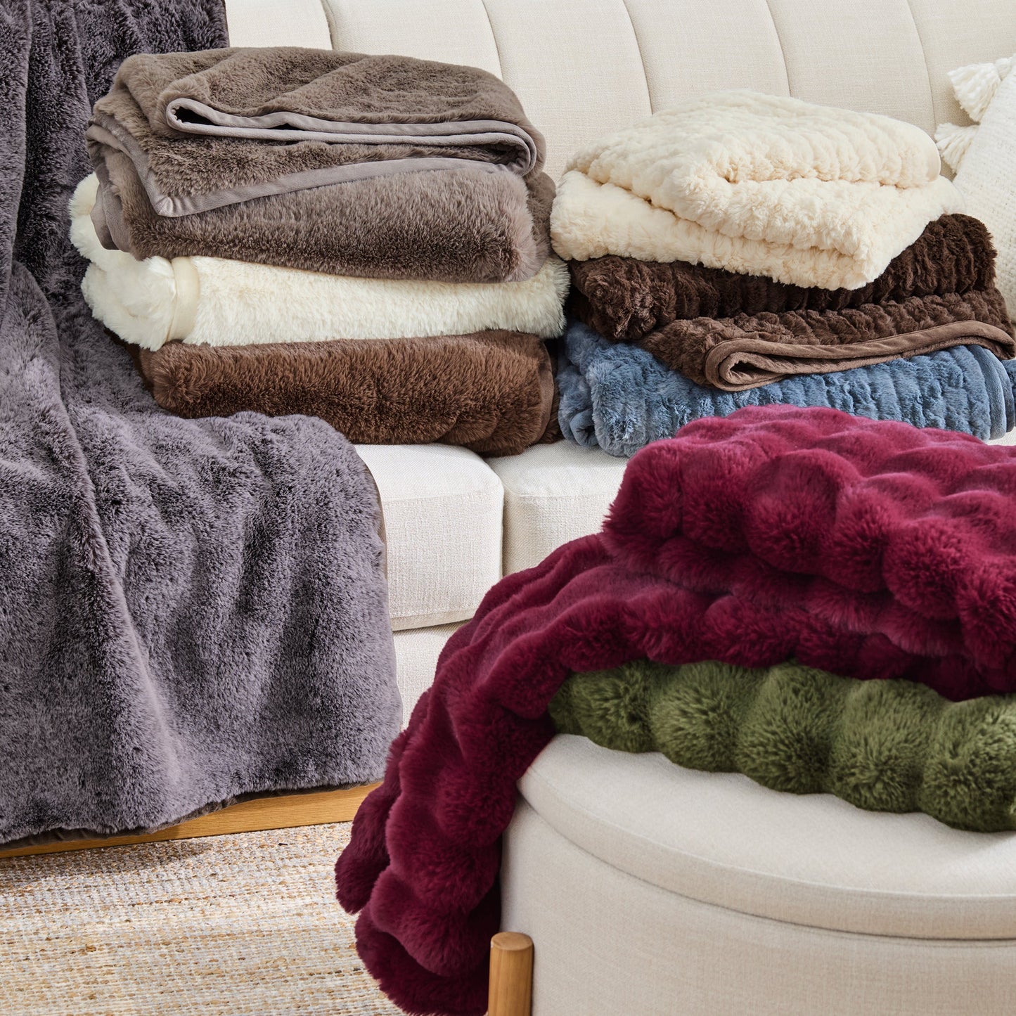 Lightweight Warm Grey Faux Fur Ultra Soft Luxury Oversized Throw Blanket 50" x 72", Grey Bisque - Luxury Knitted Decorative Throw Blanket with Fringes Detail
